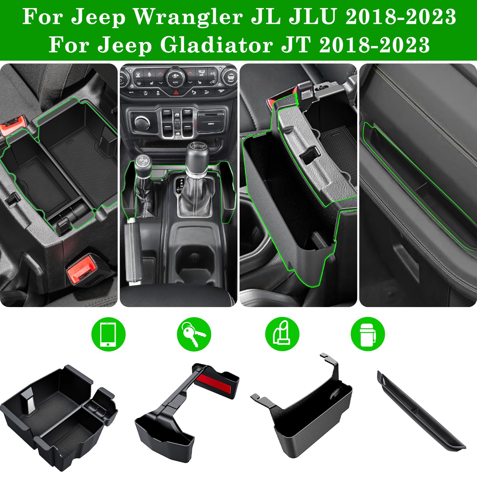 Eamplest 4Pcs Center Console Organizer For 2024 2025 Jeep Wrangler Jl Jlu 4Xe And Gladiator Jt Accessories Gear Shift Side Tray