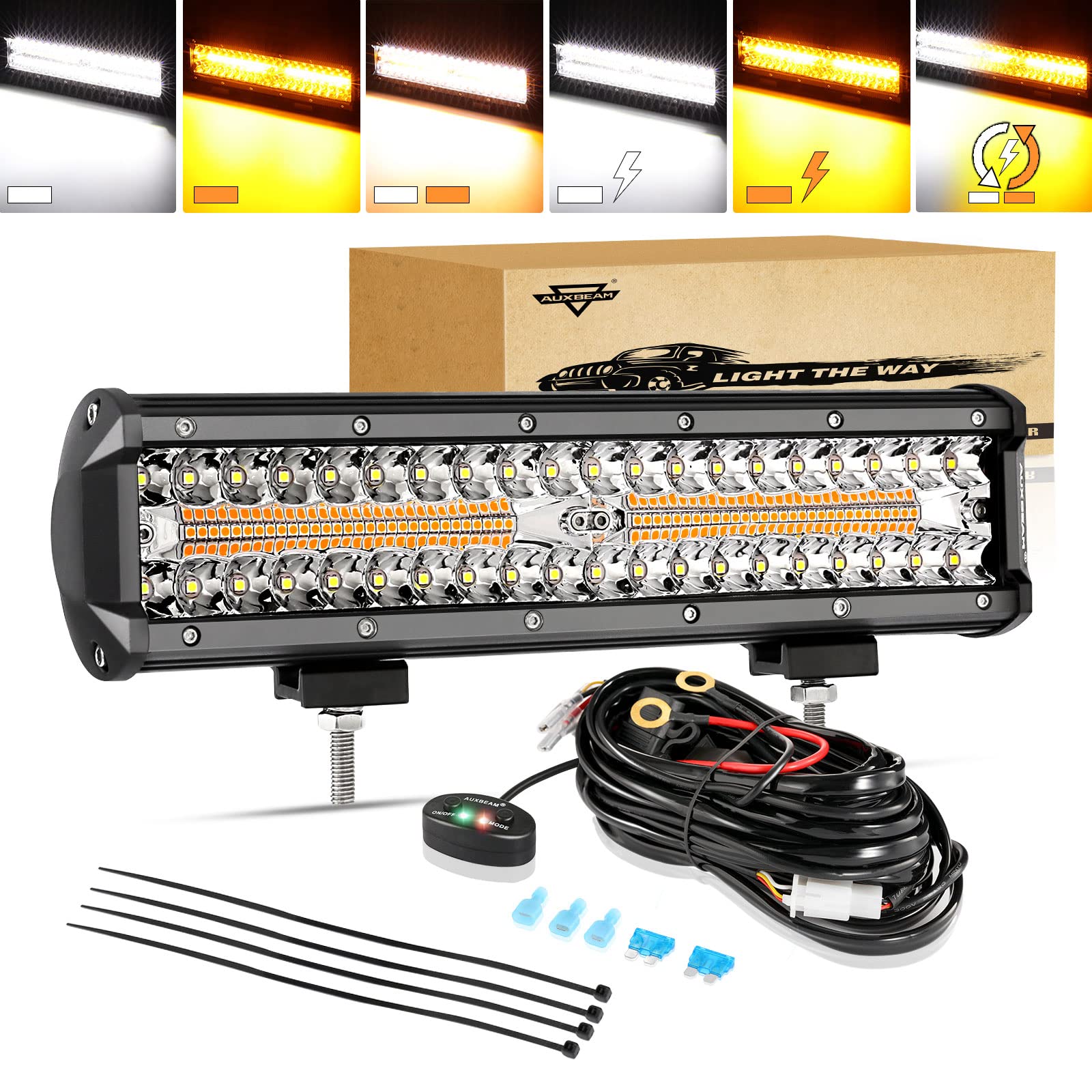 Auxbeam 12 Inch Led Light Bar 300W 6 Modes Amber White Strobe Light, Off-Road Driving Light Spot Flood Combo Work Light With 16A