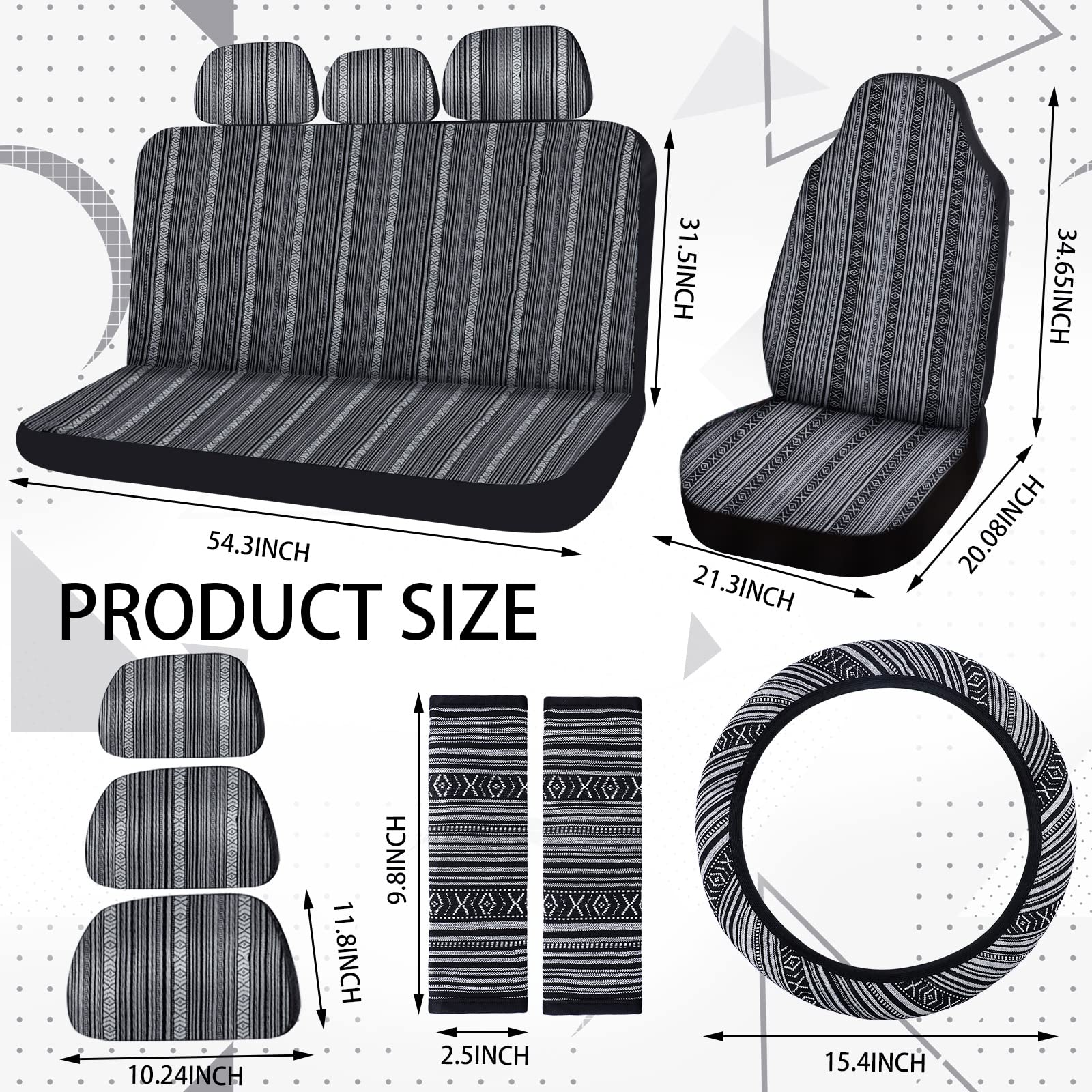 Frienda Baja Saddle Blanket Car Seat Covers Full Set Multicolor Stripe Boho Steering Wheel Cover Seat Belt Pads Crystal Hanging