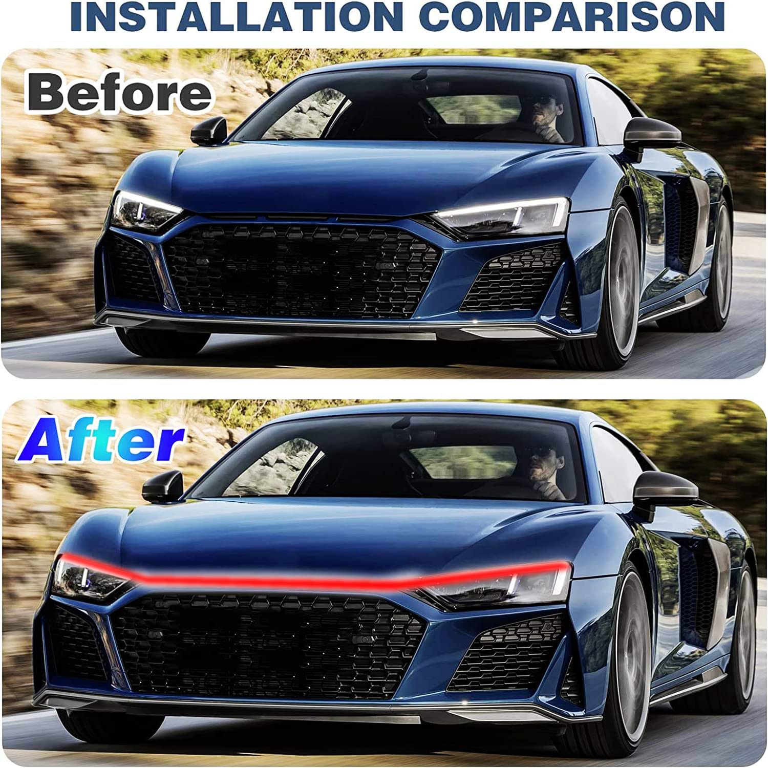 Car Hood Light, 70 Inch Auto Led Daytime Running Lights Strip, 12V Flexible Headlight Universal Engine Cover Decoration Exterior