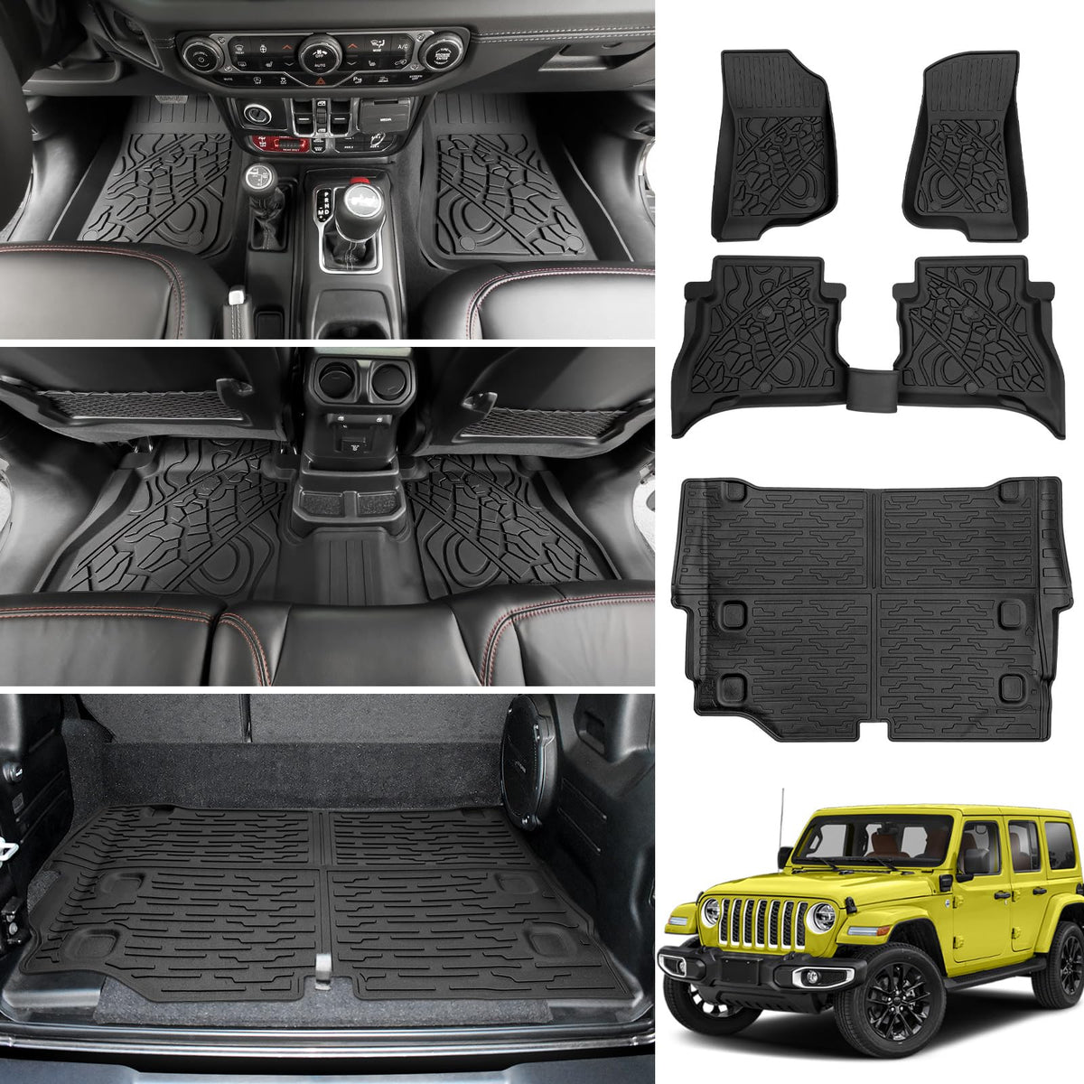 JTYZSM Cargo Mats for 2021-2025 Jeep Wrangler JL 4XE Floor Liners with Trunk Mat All Weather TPE Protector Rear Floor Trunk Line