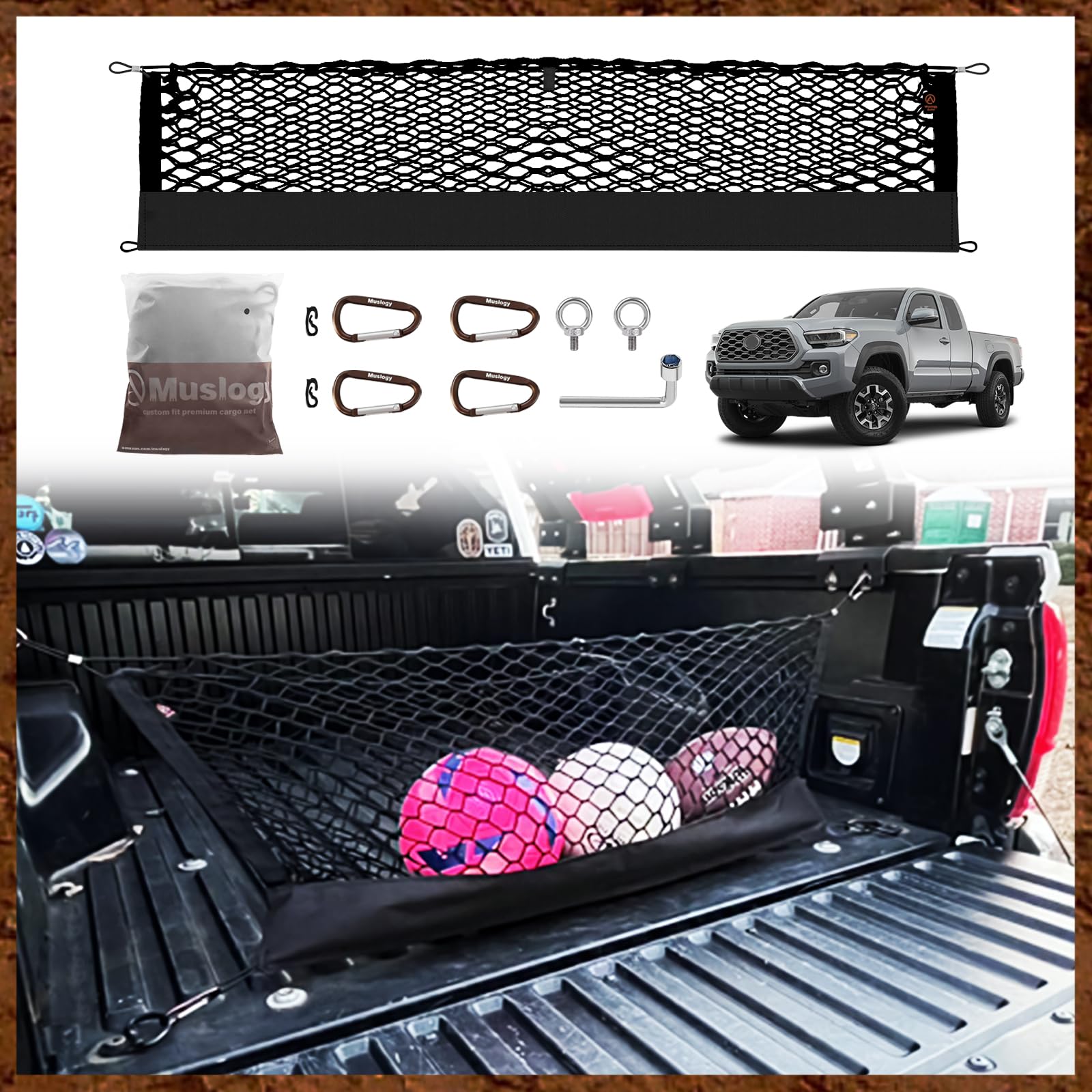Muslogy Truck Bed Cargo Net Compatible With Toyota Tacoma 2005-2022 2023 Accessories Storage Organizer Pickup Truck Bed Envelope