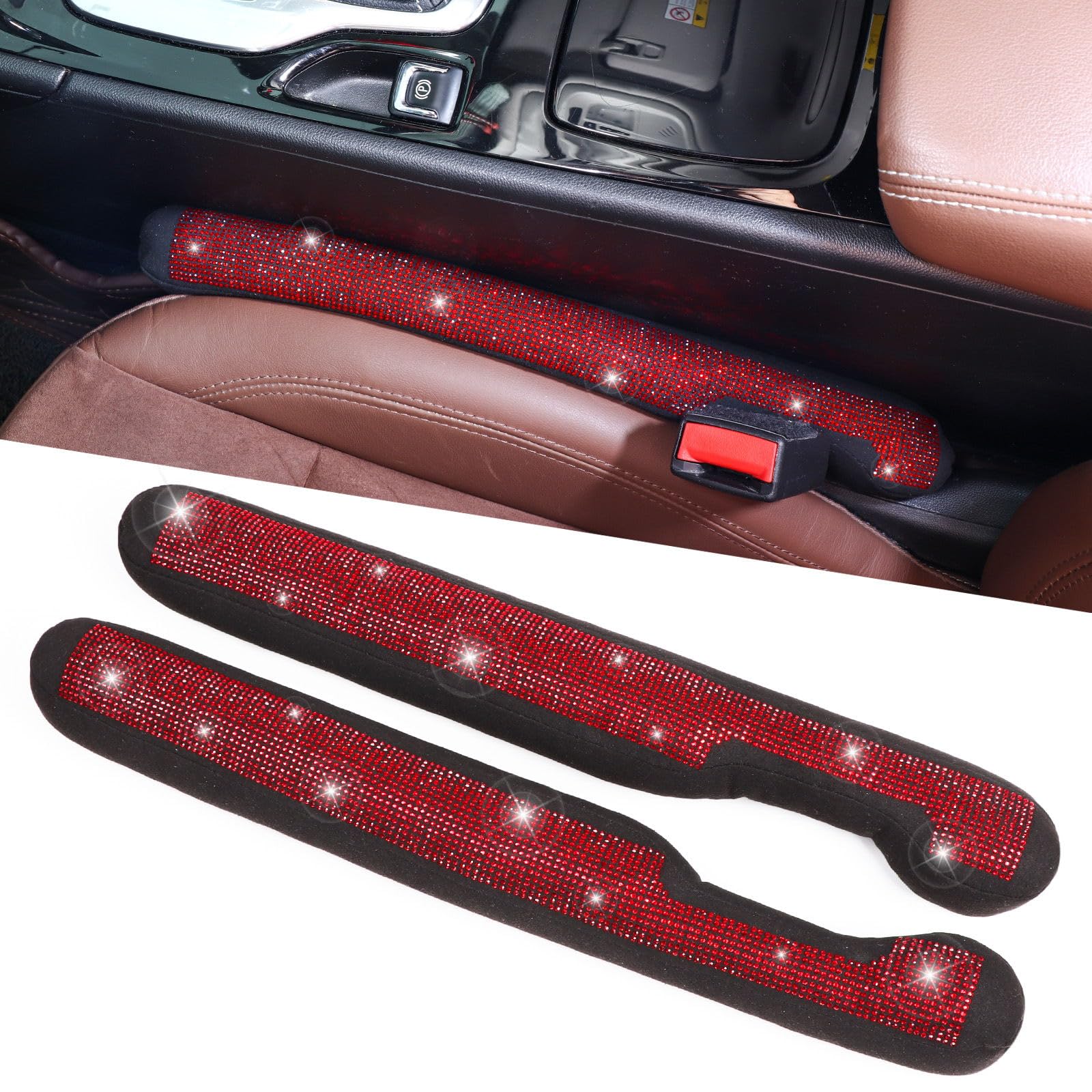 Tobequeen Car Seat Gap Filler Red Bling Car Accessories For Women Universal Fit For Car Truck Suv, 2 Pack Handmade Crystal Rhine