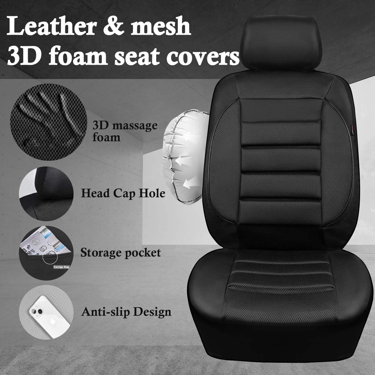 Car Pass Breatherable Air Mesh Car Seat Covers Full Set, 3D Foam Back Support Automotive Seat Covers, All Season Car Seat Cover