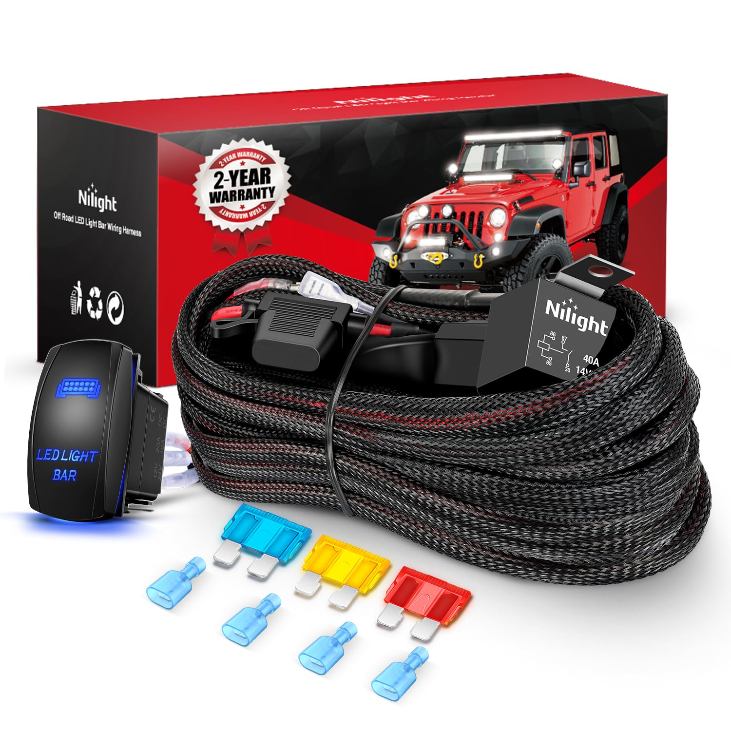 Nilight Wiring Harness Kit Nylon 14 Awg 2 Leads 12V 5Pin Rocker Switch Laser On Off Power Relay Blade Fuse For Led Light Bar Off