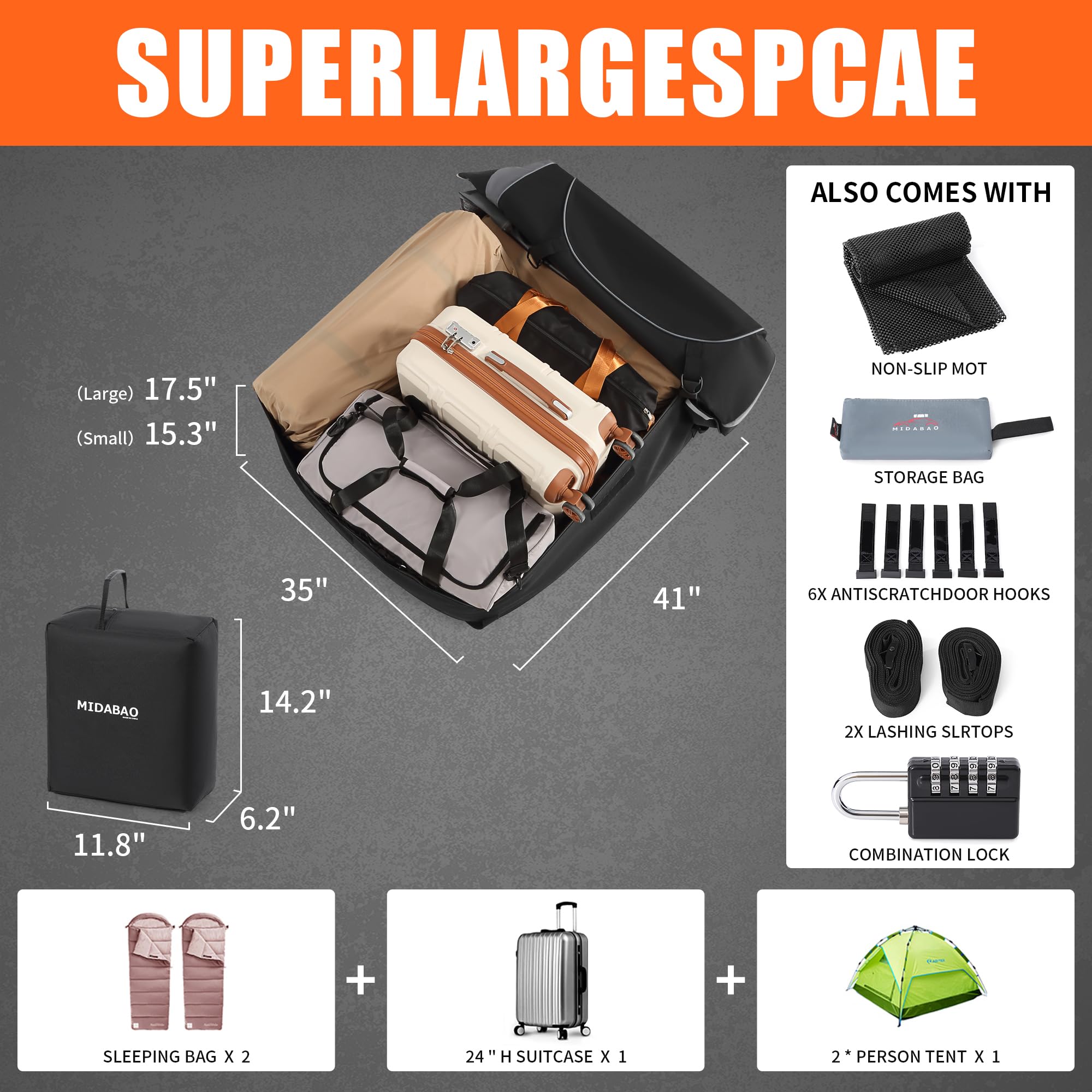 Midabao 15 Cubic Waterproof Duty Car Top Carrier - Zippers Coated, Includes Anti-Slip Mat - For Vehicles With Or Without Racks