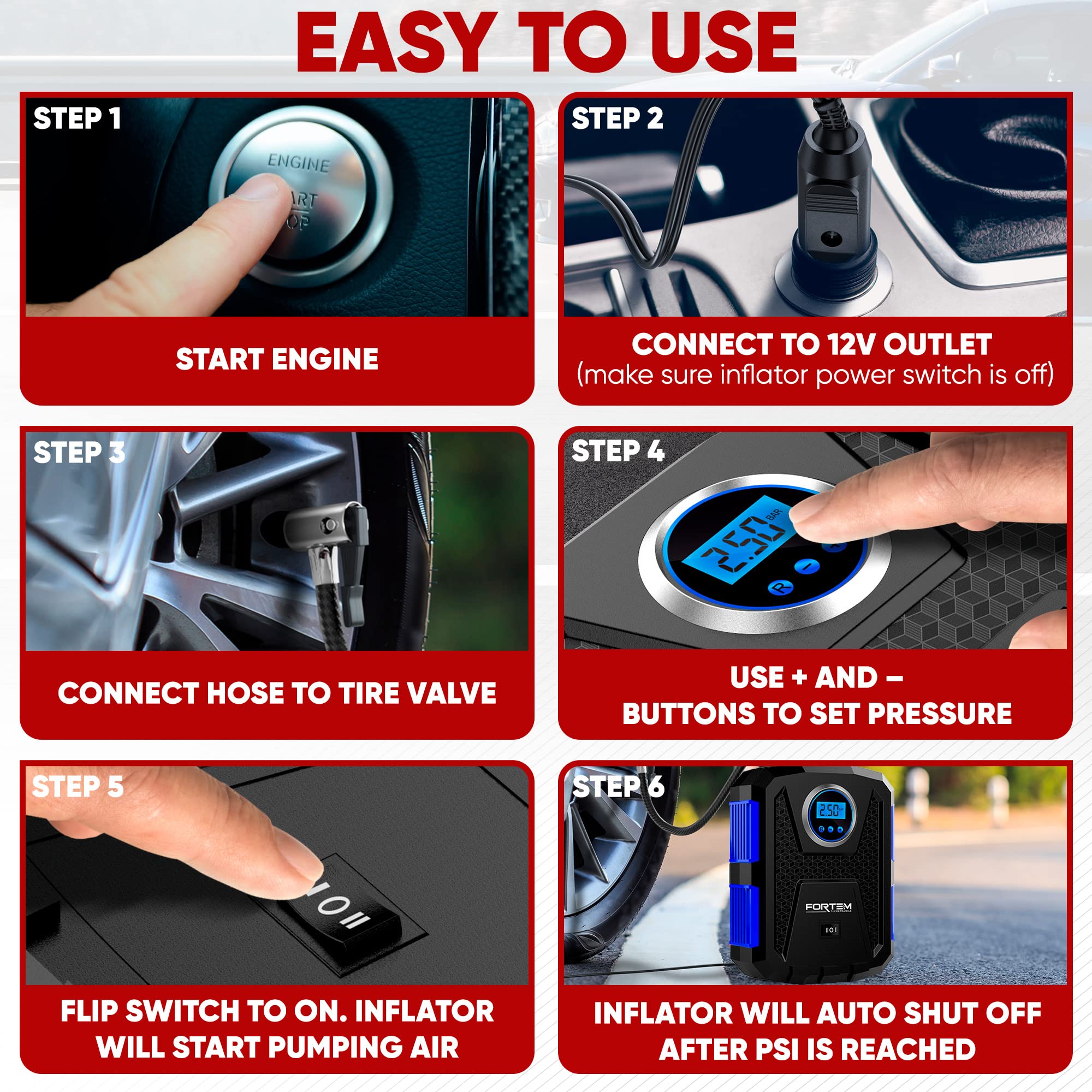 Fortem Tire Inflator Portable Air Compressor 150 Psi, Bike Pump, 12V Electric Air Pump For Car Tires And Bicycles W/Led Light, D