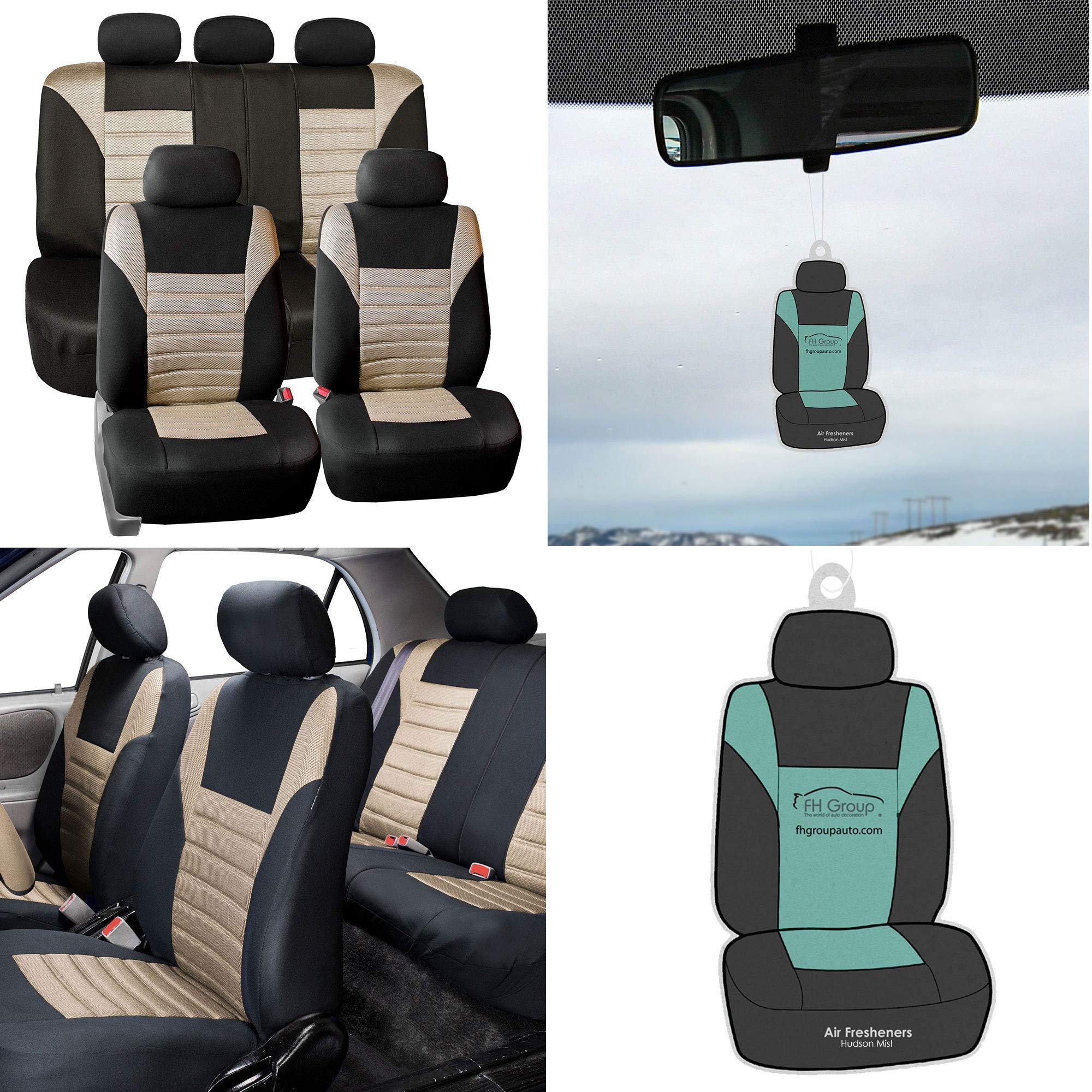 Fh Group Automotive Car Seat Covers Full Set Premium 3D Air Mesh Beige And Black Seat Covers, Airbag Compatible And Split Bench