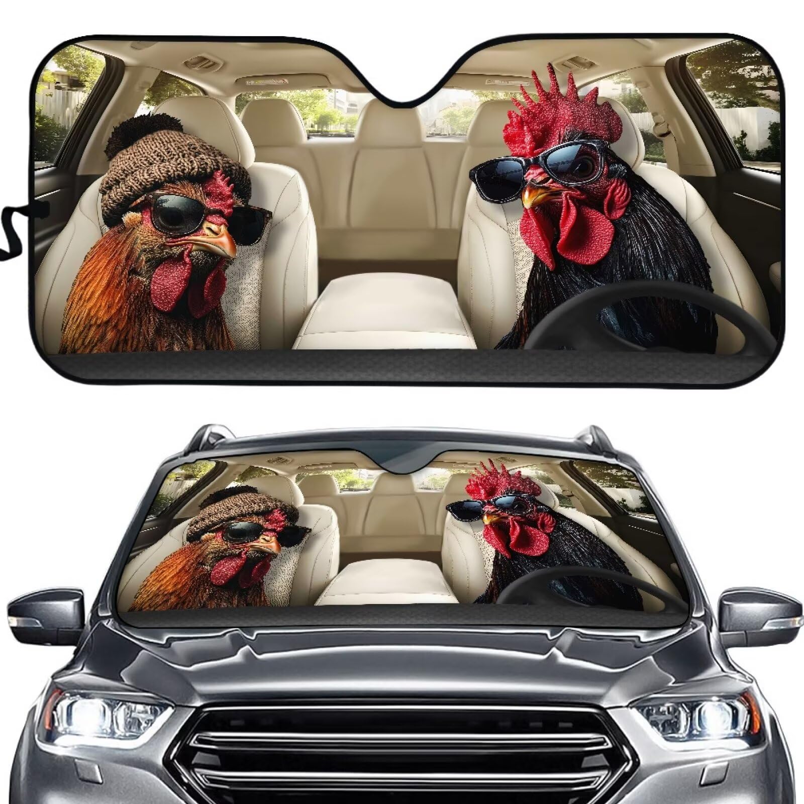 Suhoaziia Sunglasses Rooster Driver Car Front Windshield Sun Shade, Foldable Automotive Window Sunshade for Most Sedans SUV Truc