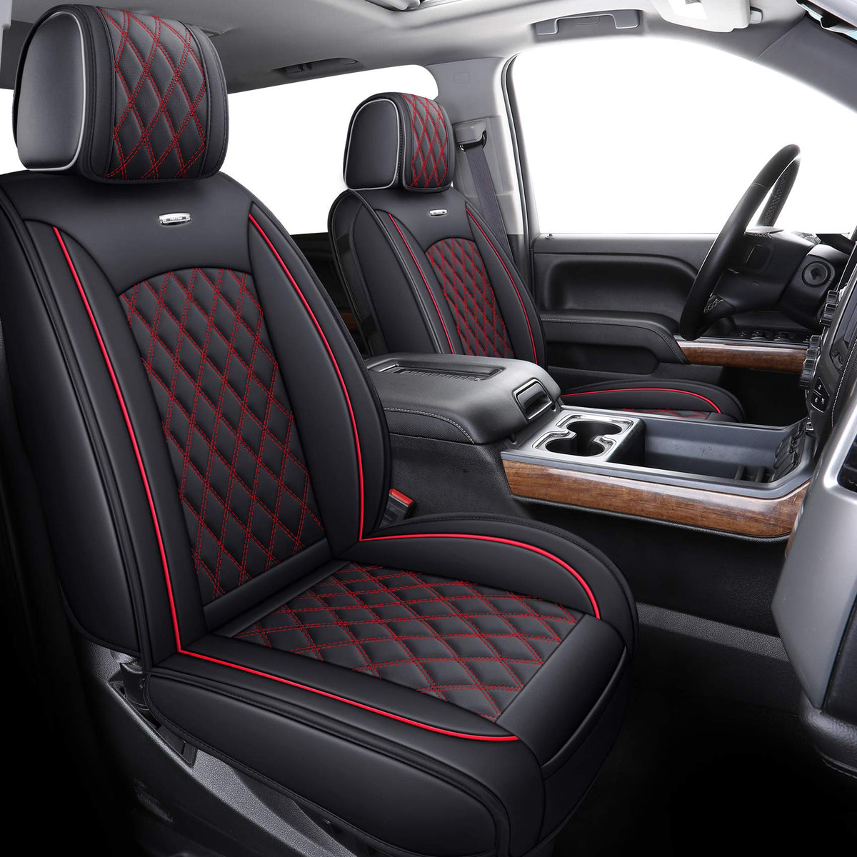 Aierxuan Truck Seat Covers For Chevy Silverado Gmc Sierra Trail Boss Z71 Pickup 2007-2024 1500 2500Hd 3500Hd Crew Double Extended Cab Waterproof Leather (Full Set, Black-Red)