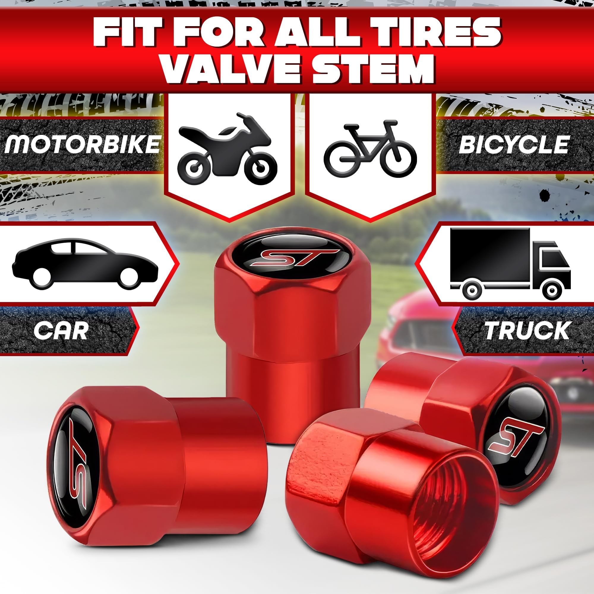 4Pcs St Logo Metal Tire Valve Stem Caps With Rubber O-Rings - Fits Ford St Models | Durable Metal Alloy, Corrosion-Resistant, Un