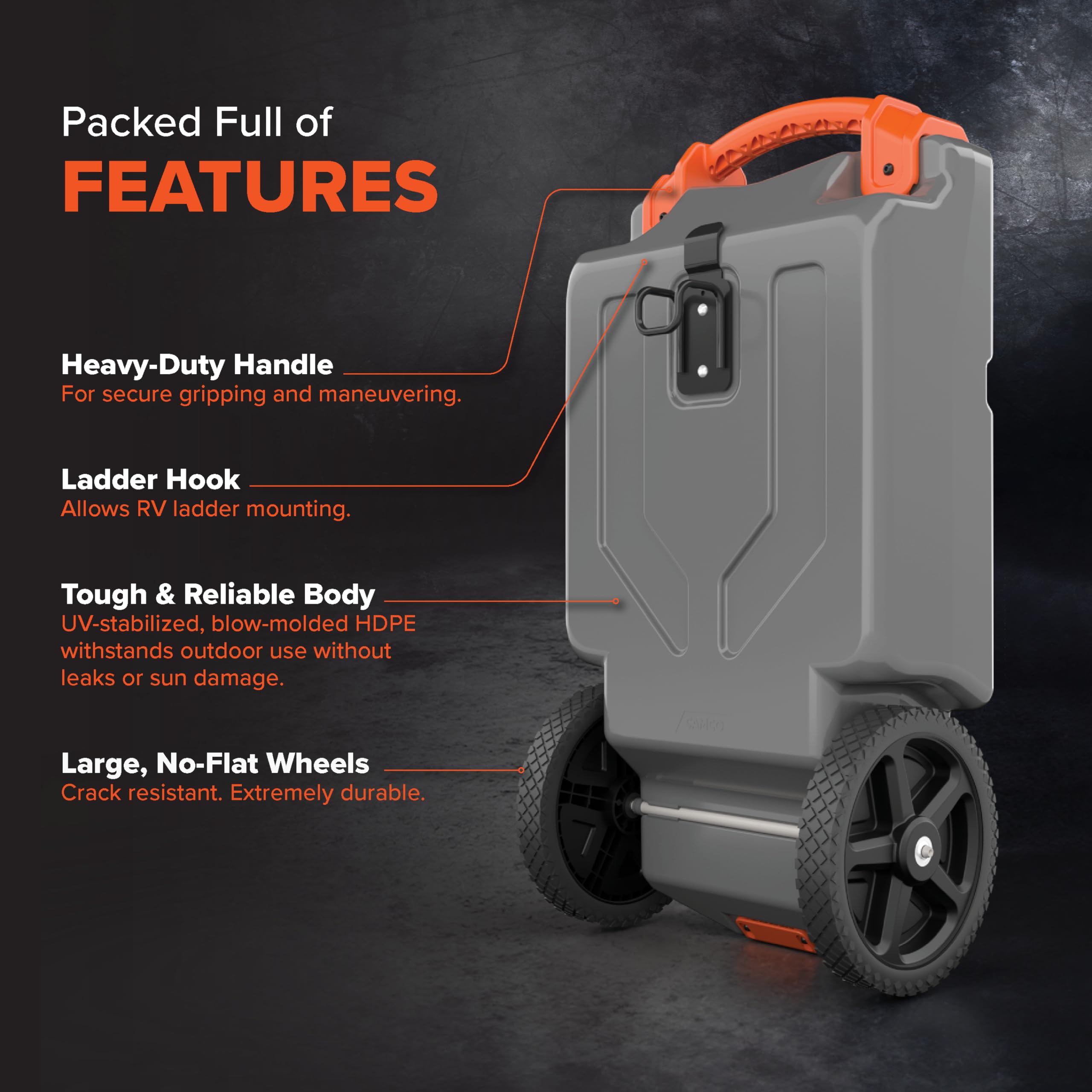 Camco Rhino 15-Gallon Portable RV Tote Tank with Heavy-Duty No-Flat Wheels, Low Drain Hole & Accessories - Gray