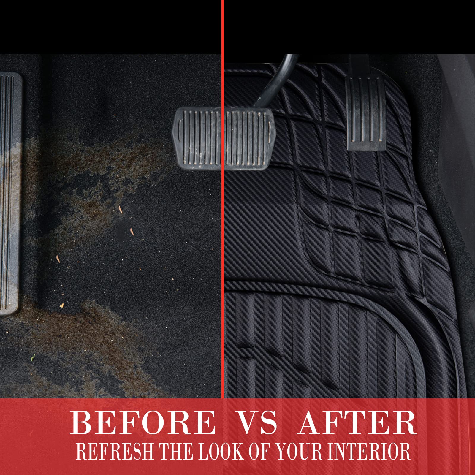 Car Pass Carbon Fiber Leather Car Floor Mats -3D Waterproof All Weather, Universal Trim To Fit & Anti-Slip Burr Bottom Safety &