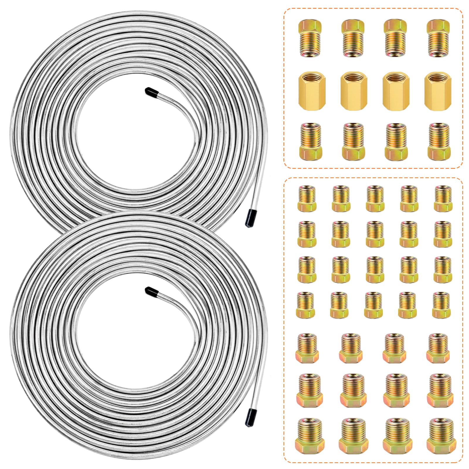 smseace 2Sets 25Ft. 3/16'' Brake Line Tubing Kit with Fittings(Includes 32pcs Fittings and 4pcs Unions+8pcs Nuts) Zinc-Coated Br