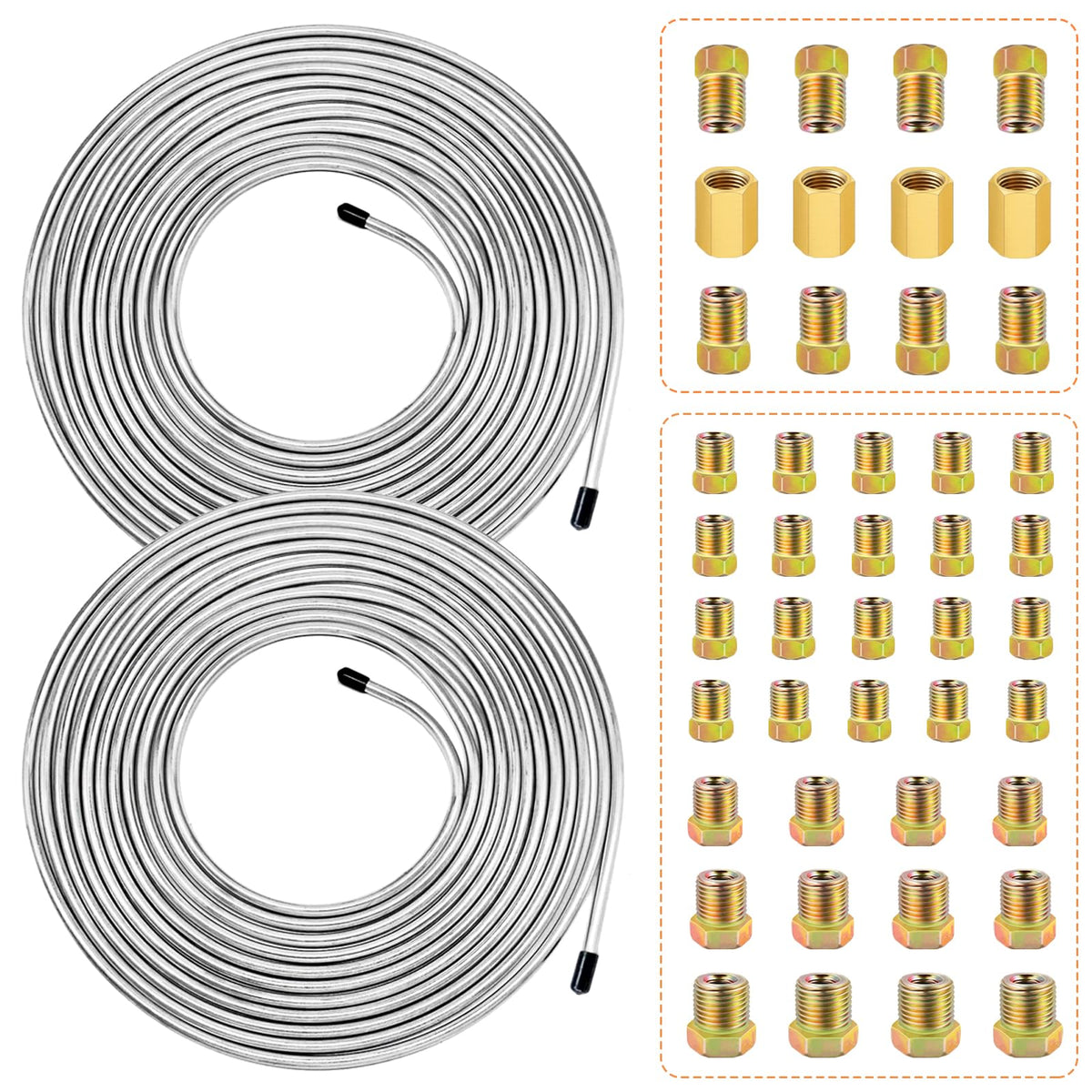 smseace 2Sets 25Ft. 3/16'' Brake Line Tubing Kit with Fittings(Includes 32pcs Fittings and 4pcs Unions+8pcs Nuts) Zinc-Coated Br