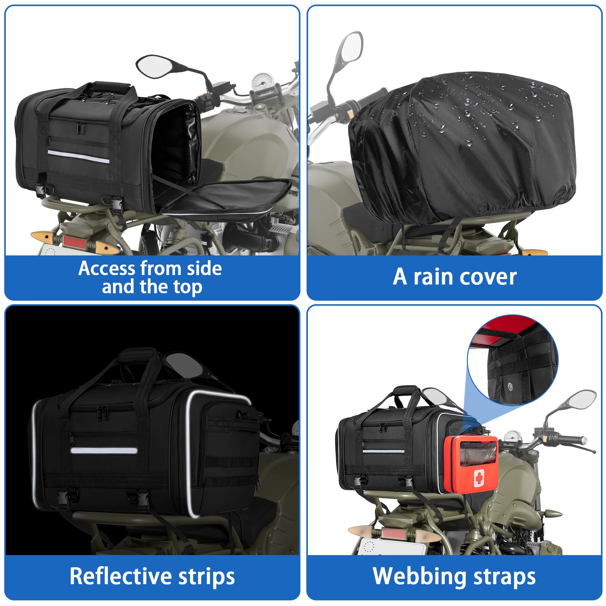Marscamd Waterproof Motorcycle Tail Luggage Bag, 48L-64L Expandable, a Rain Cover Included, Bag with 4 Rack Mount Straps and Mul