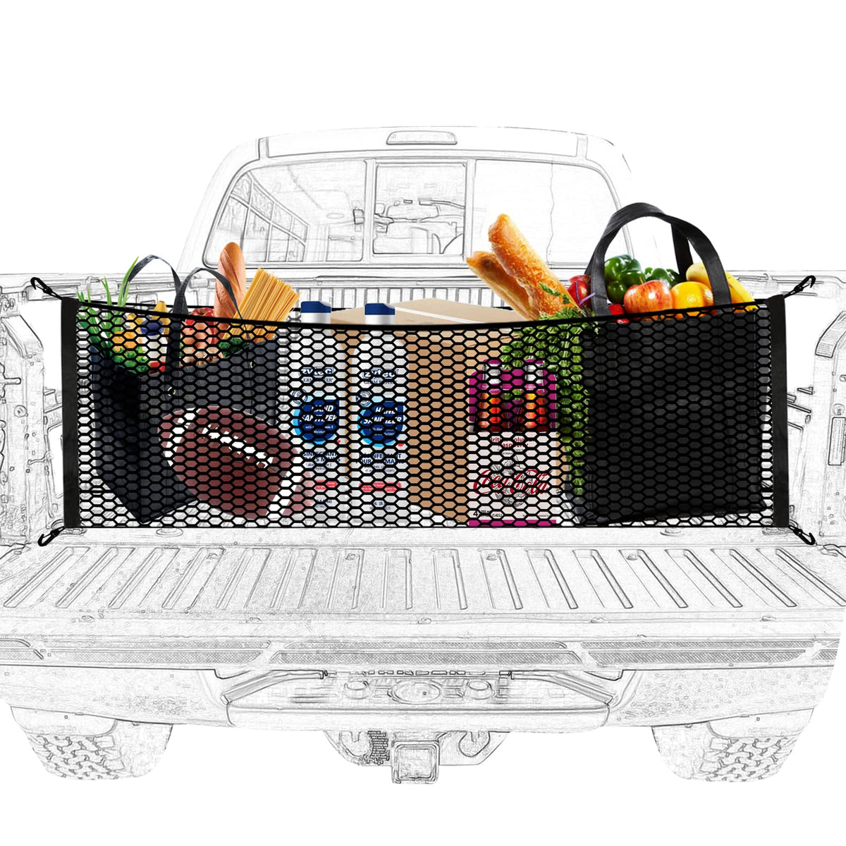 Cargo Net Organizer With Elastic Mesh & Hooks - Grocery Holder For Truck Beds