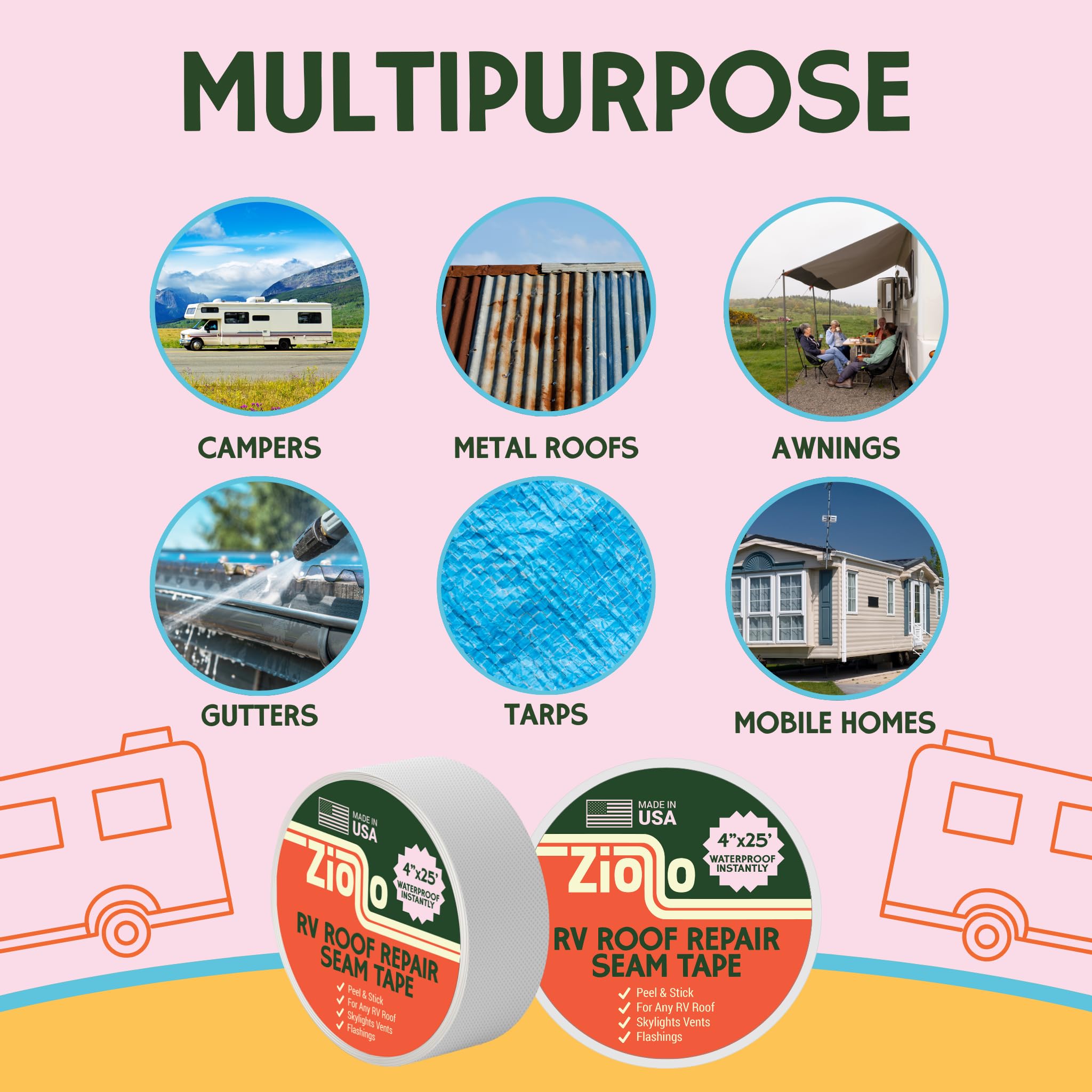 Ziollo Rv Roof Repair Seam Tape With Roller - 4'' X25' Waterproof Tape For Campers, Motorhomes & Trailers - Works On Epdm, Tpo,