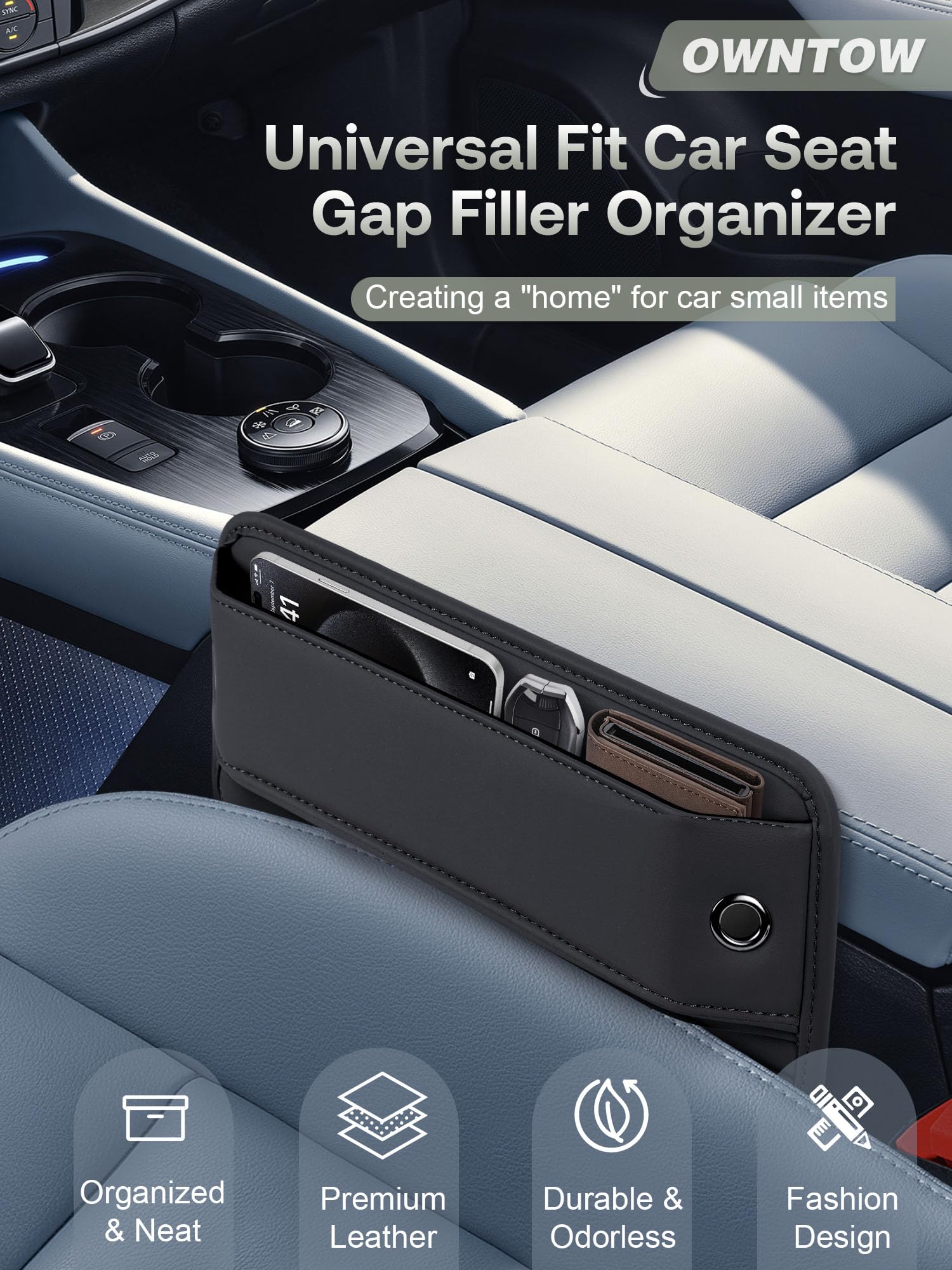Owntow Universal Fit Car Gap Filler, Premium Leather Seat Gap Filler Organizer, Car Suv Truck Essentials (Black, 1 Pack)