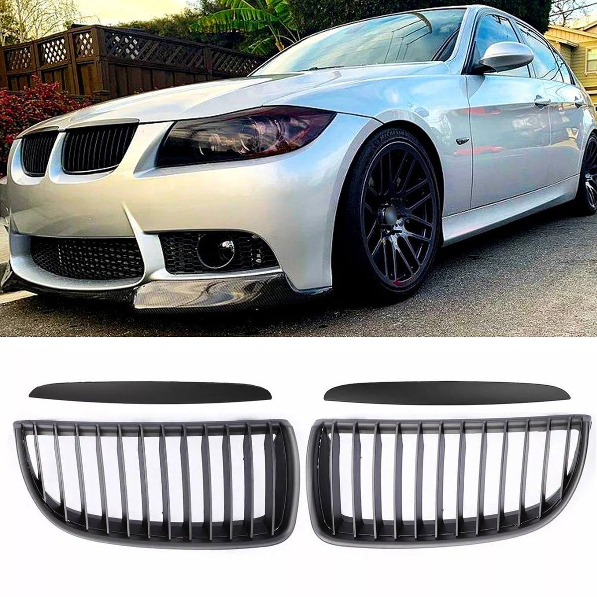 AceRide E90 Grille Front Bumper Kidney Grill Compatible with BMW 3-Series E90 E91 2004-2008 2-Door Coupe Single Slat Grills (Mat