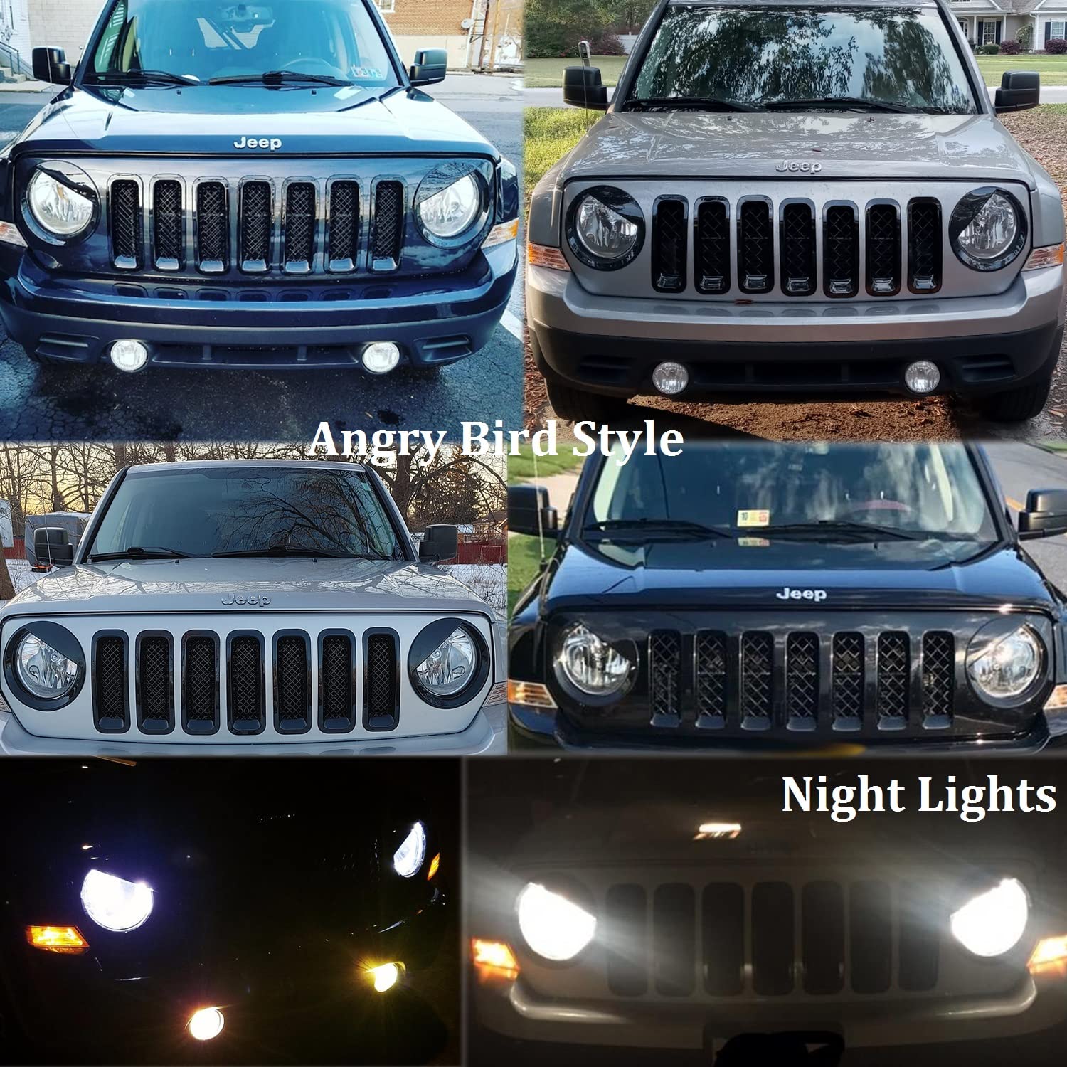Abs Bezels Front Light Headlight Cover Angry Bird Style & Mesh Grille Grill Insert Kit Trim For Jeep Patriot Accessories 2011-20