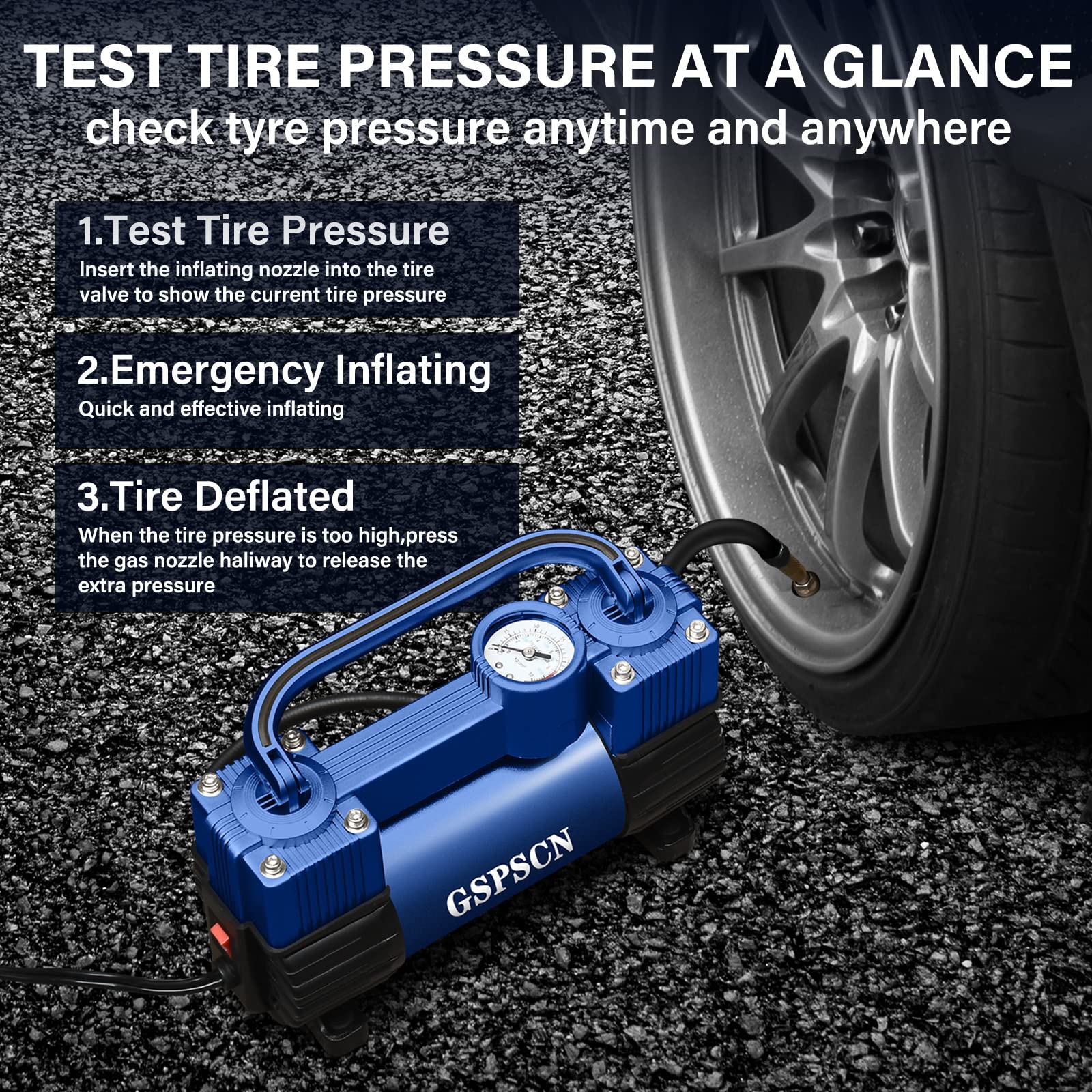 Gspscn Blue Tire Inflator Heavy Duty Double Cylinders With Portable Bag - Car Accessories,Metal Dc 12V Air Compressor Pump 150Ps