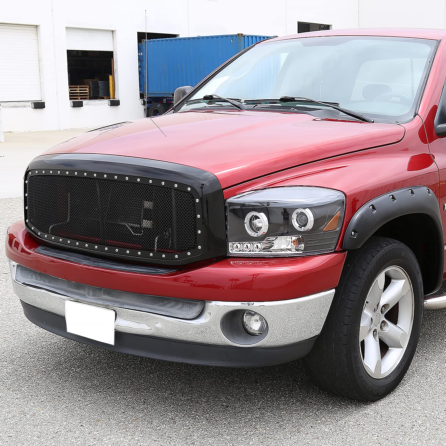 Spec-D Tuning Black Rivet Stainless Wire Mesh Grille With Shell Compatible With 2006-2008 Dodge Ram 1500 2500 3500 Truck