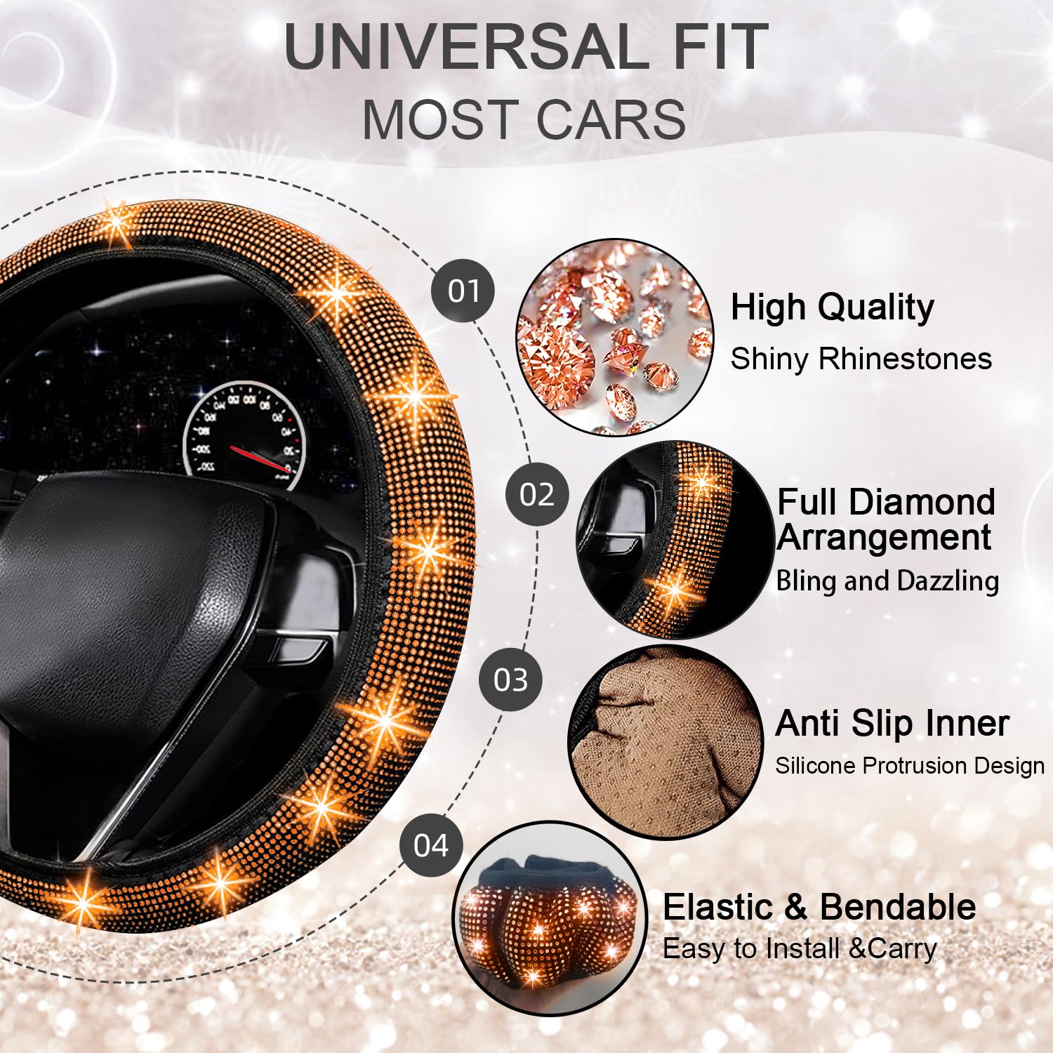 NBTEPEM 27 PCs Orange Bling Car Accessories Set for Women, Bling Steering Wheel Covers Universal Fit 15 Inch, Bling License Plat