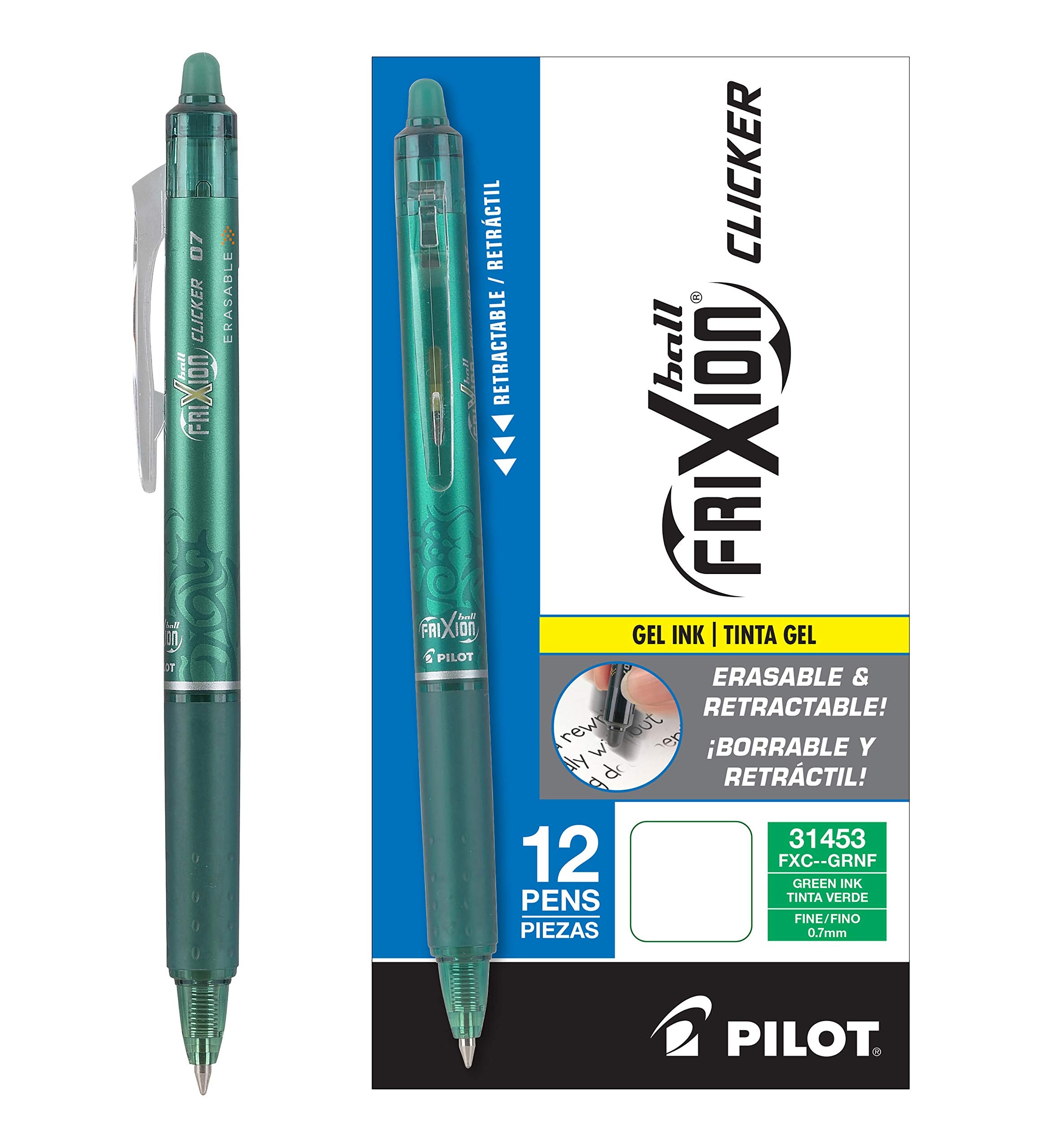 Pilot, Frixion Clicker Erasable Gel Pens, Fine Point 0.7 Mm, Pack Of 12, Green
