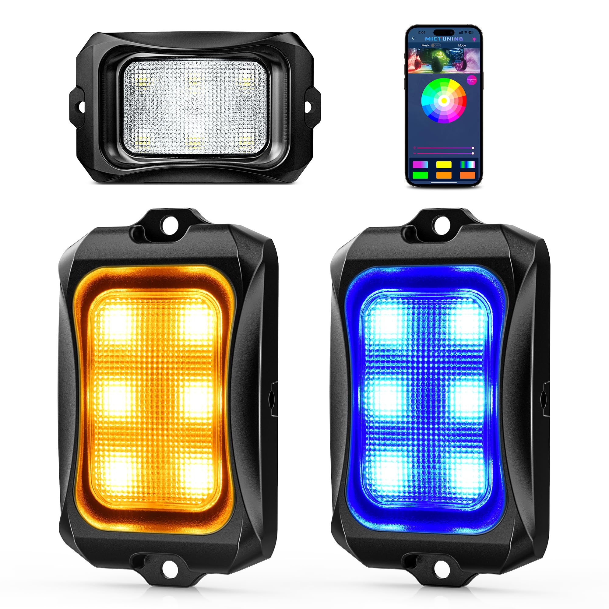 Mictuning Rgb+Ic Chasing Color Led Rock Lights, Waterproof Ip68, 2 Pcs Rock Neon Light (Not Inlcude Controller)