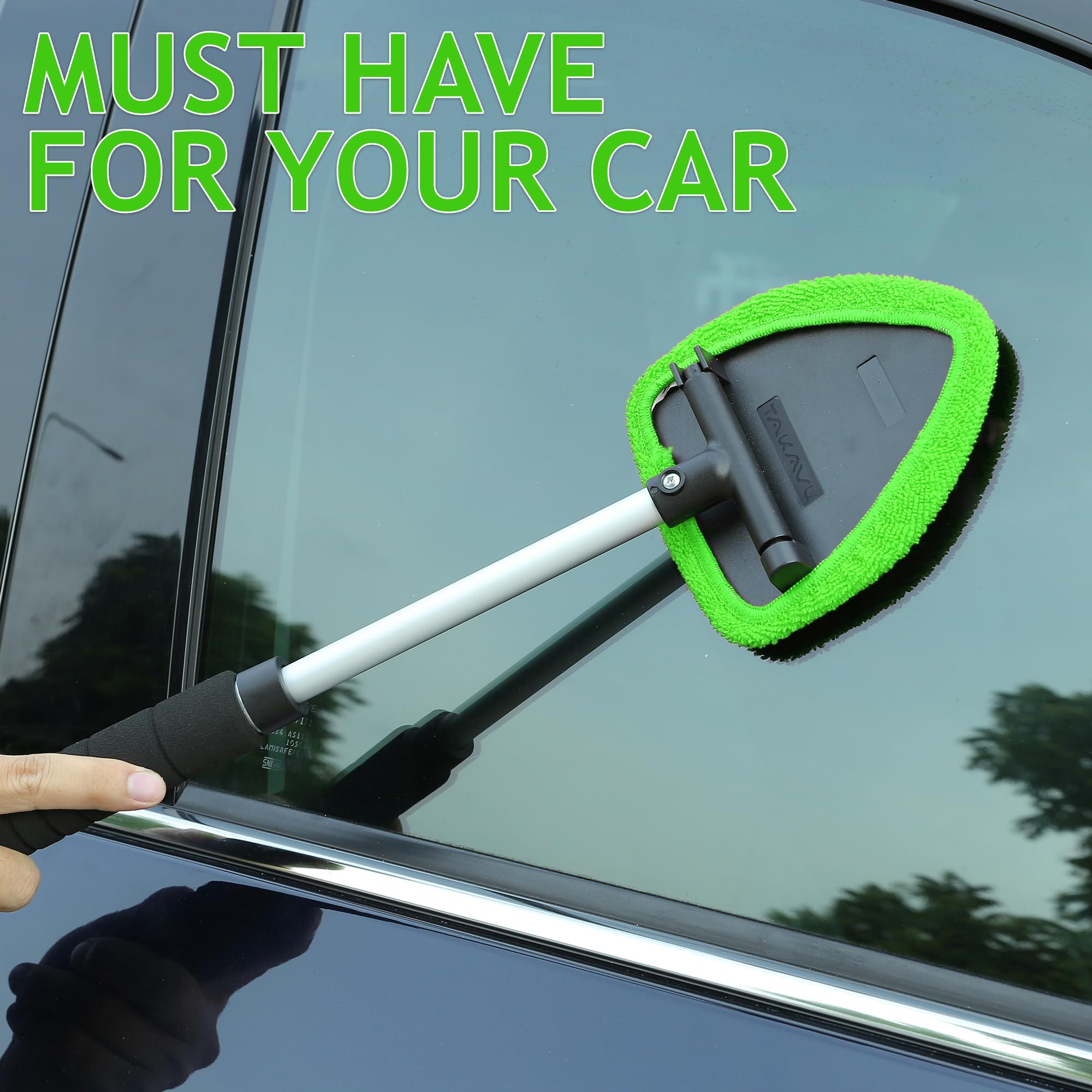 Takavu Car Window Cleaning Tool, Windshield Wiper Cleaner With Extendable Long-Reach Handle, 3 Washable Reusable Microfiber Bonn