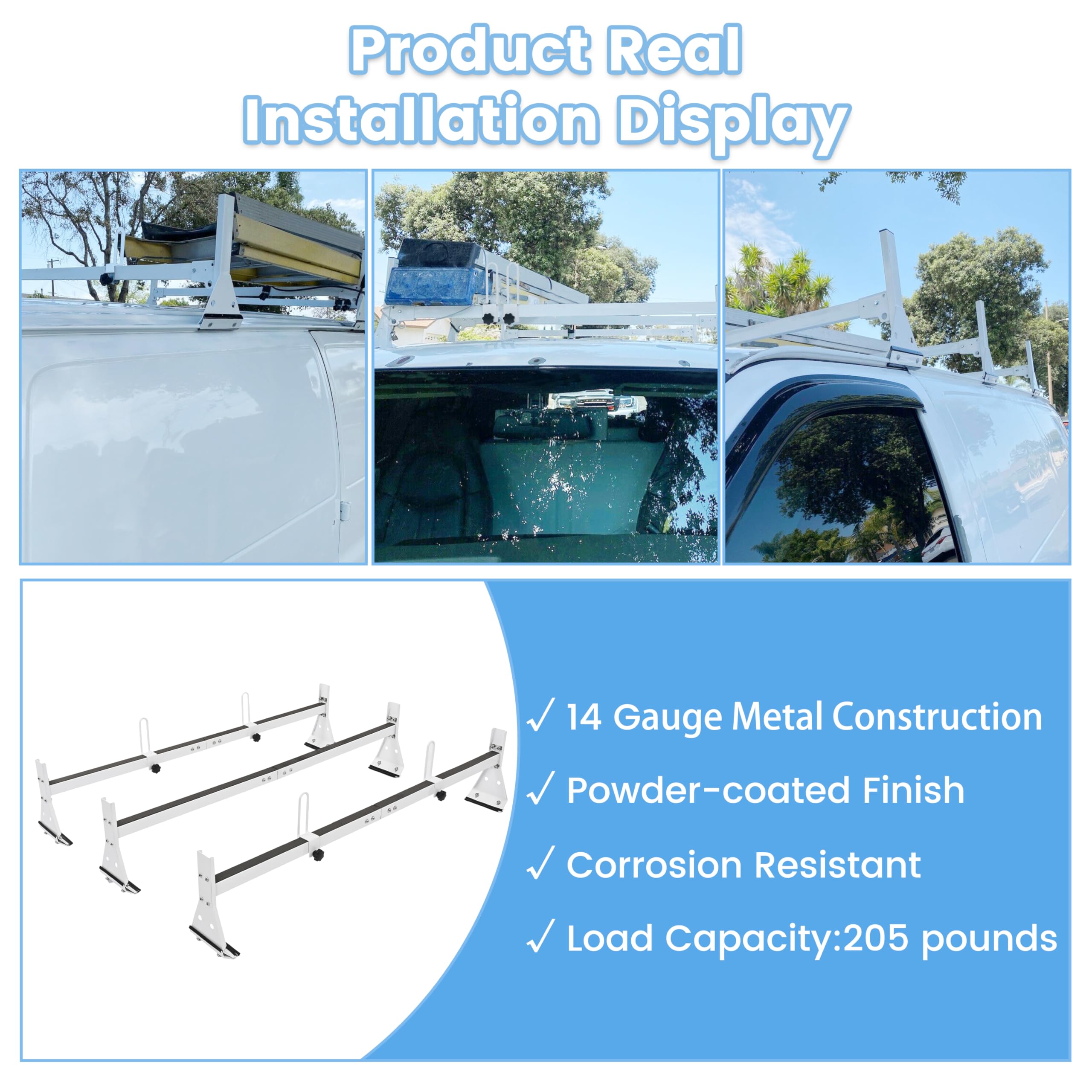 Ecotric 59In Roof Racks Compatible With 1996-Up Chevy Express 1500/2500/3500, 850 Lbs Capacity, 3 Bar Roof Ladder Rack For Van S