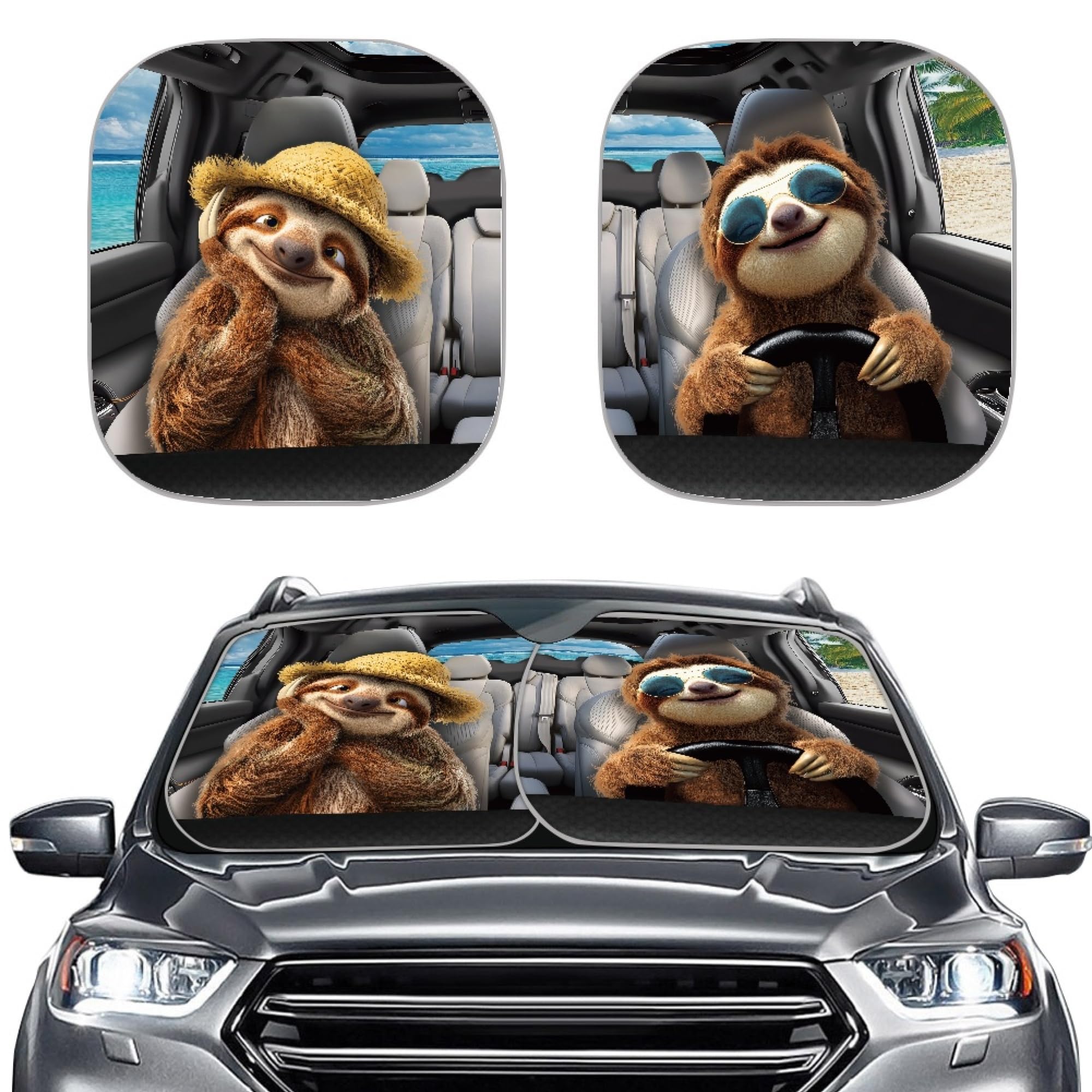 Huisefor Sloth Car Windshield Sunshade 2 Piece Funny Windshield Cover For Summer Heat Resistant Car Sun Visor For Suv Vehicle Se