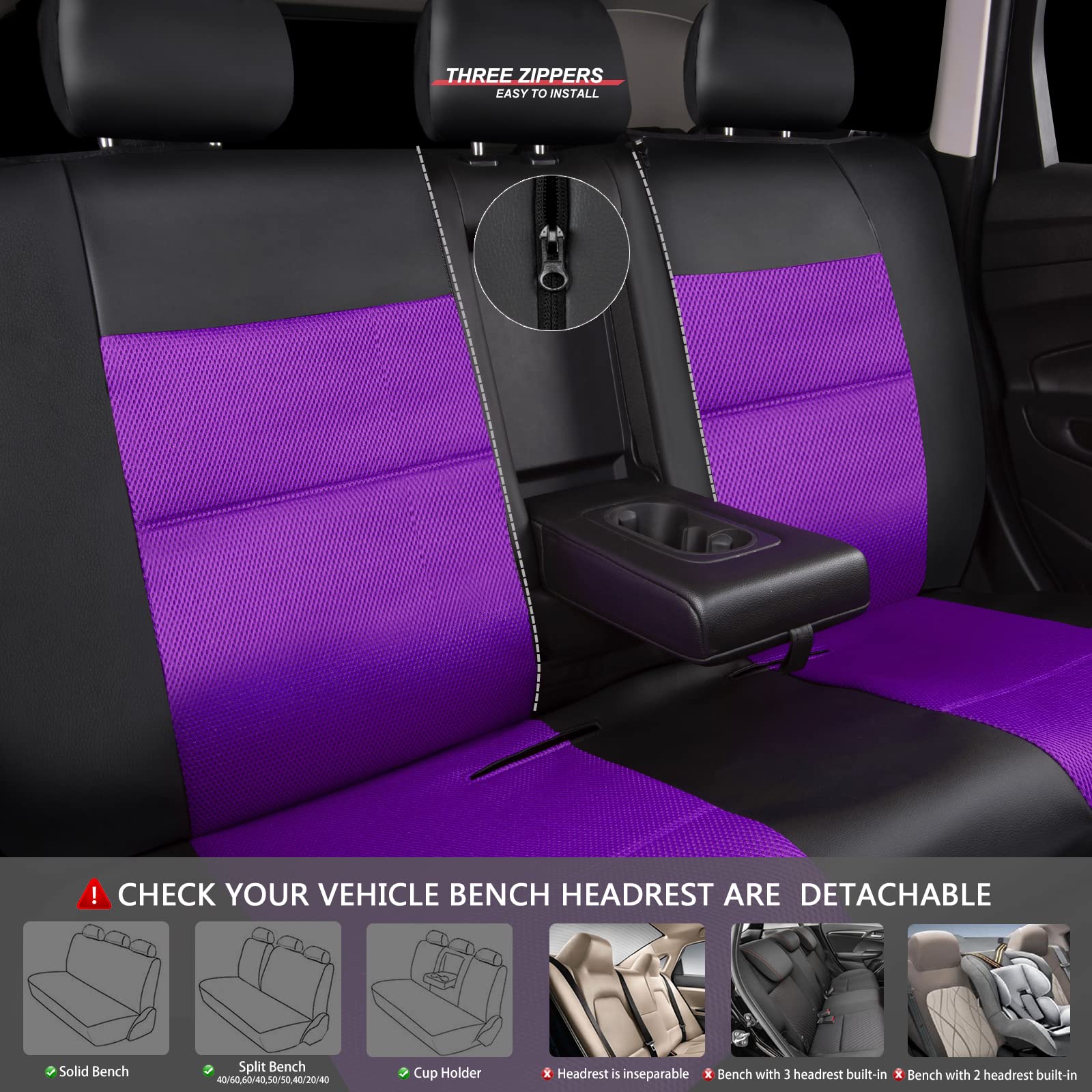 Car Pass Luxurious Faux Pu Leather Universal Seat Covers Set, Fit For Vehicles Sedan Suvs Trucks With Super 5Mm Composite Sponge Inside, For Cute Women Girly, Airbag Compatible (Black And Purple)