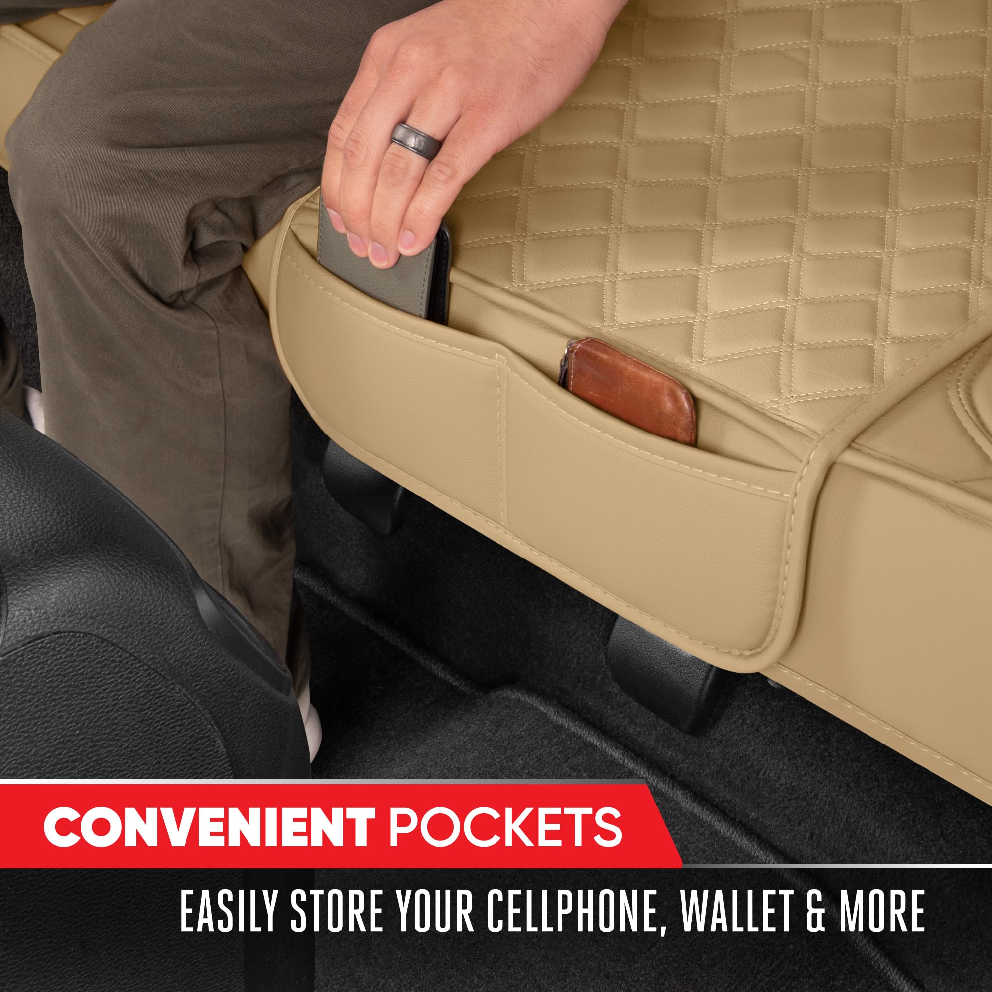 Motor Trend Rear Seat Cushion - Beige Diamond Stitched Faux Leather Rear Seat Cover for Cars, Trucks, SUVs - Padded, Waterproof,