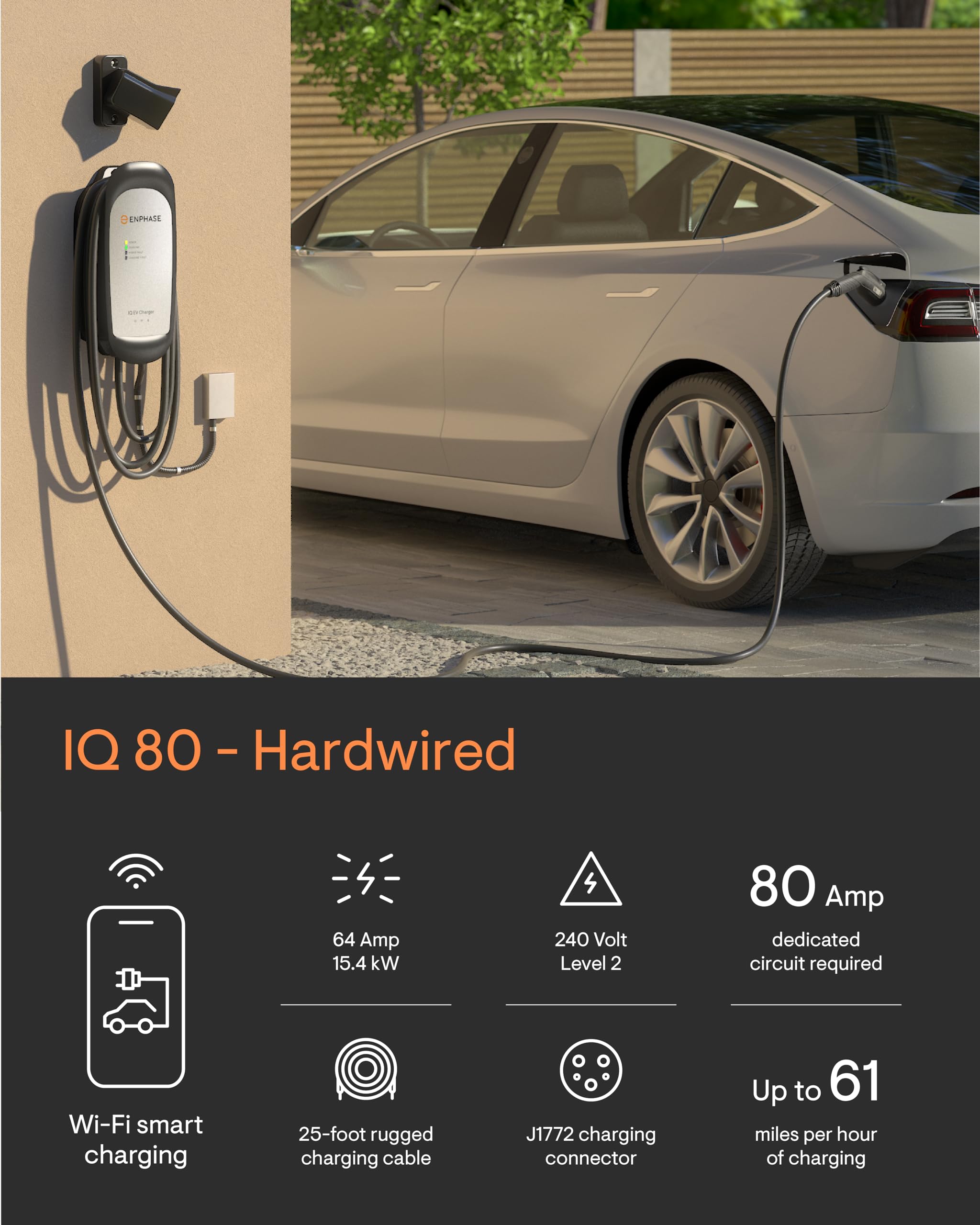 64 Amp Smart EV Charger - Enphase IQ 80, Hardwired, 15.4kW Power, 240V, Wi-Fi Connected, Safety Certified, 25ft Cable & Ruggediz