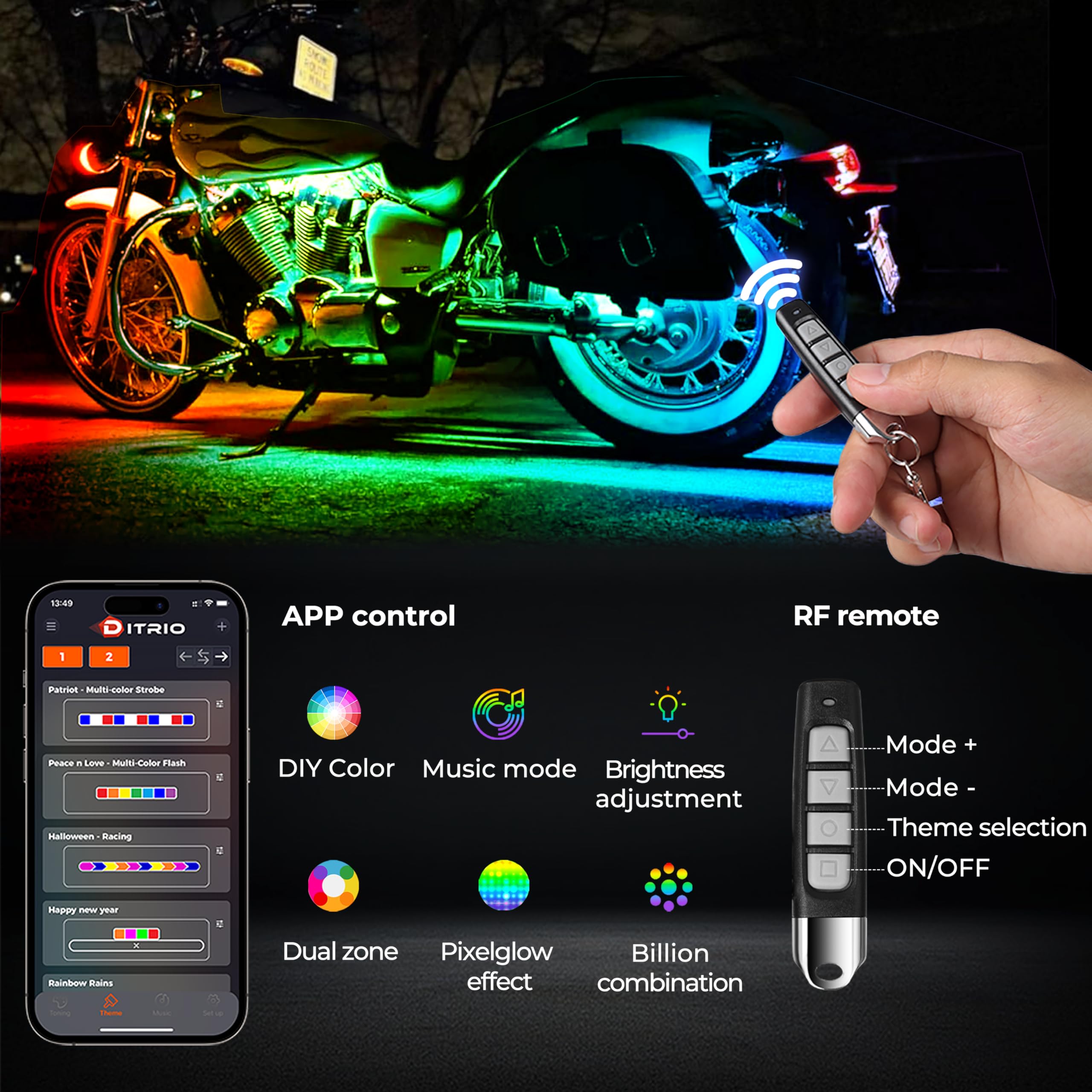 Ditrio 8Pcs Underglow Led Strip Light Kit With App Control, Dual Zone, Brake Turn Signal, 12V Waterproof Pixelglow Effects For M