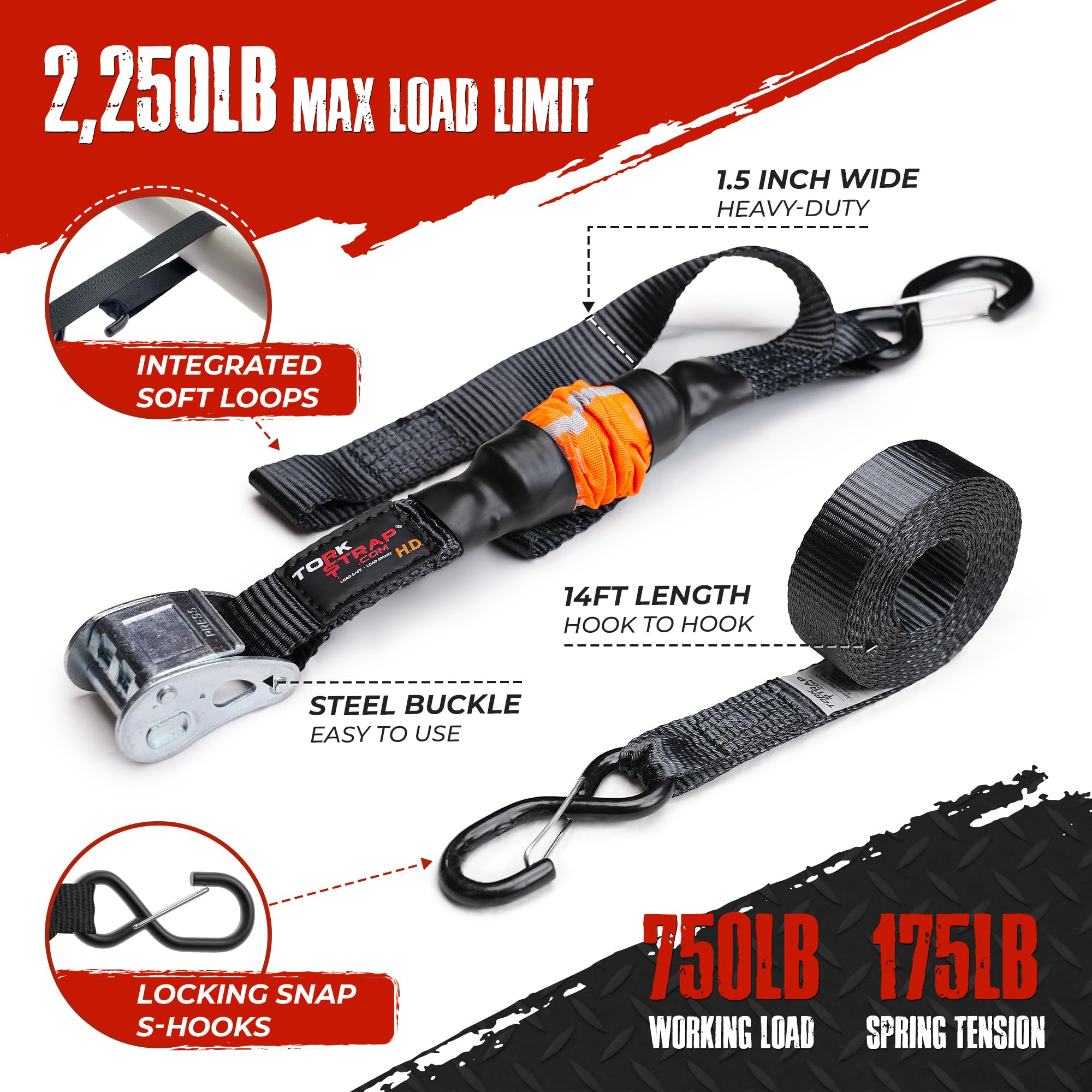 Torkstrap 14' X 1.5'' Self Tensioning Tie Down Straps [Patented] - Automatically Adapt To Load Shifts - 2,250Lb Break Strength -