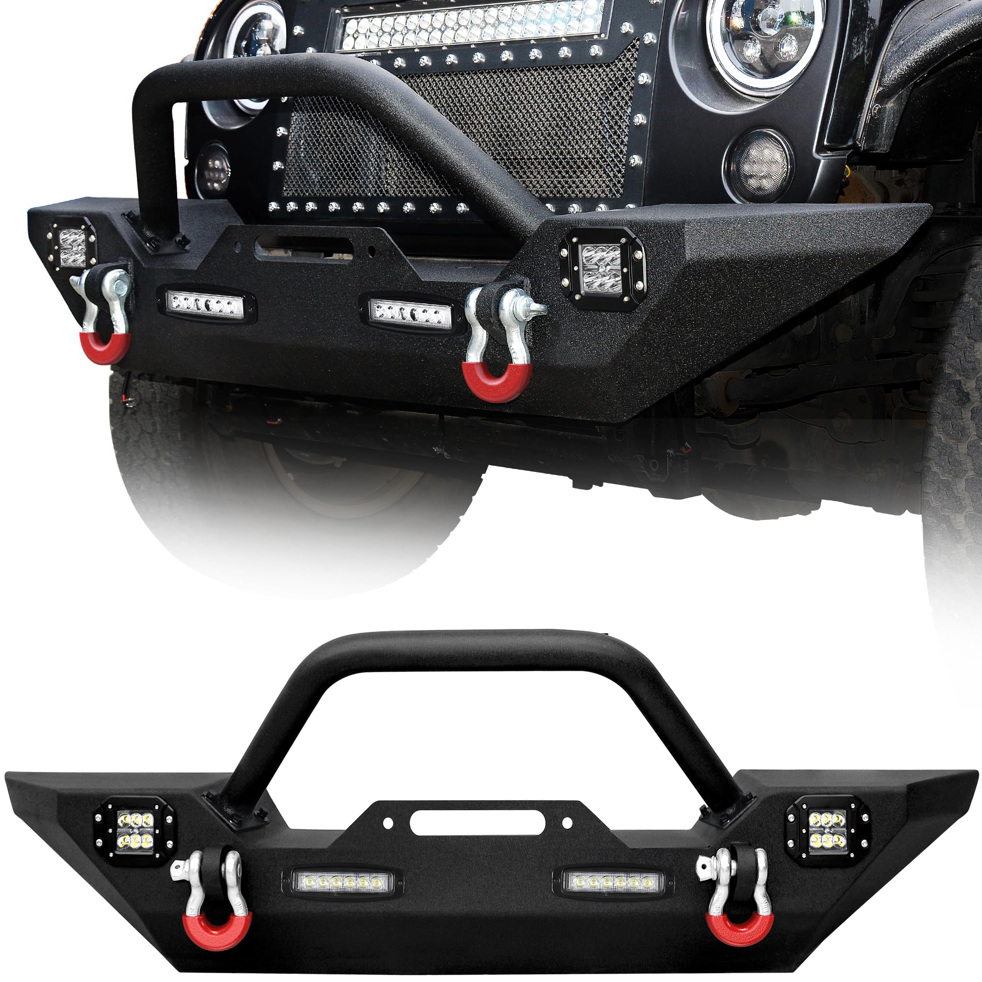 Ledkingdomus Front Bumper Compatible With 07-18 Jeep Wrangler Jk & Unlimited Rock Crawler Bumper With 4X Led Lights W/Winch Plat