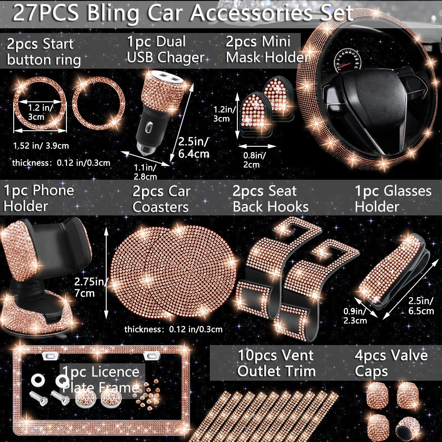 Nbtepem 27 Pcs Gold Champagne Bling Car Accessories Set For Women, Bling Steering Wheel Covers Universal Fit 15 Inch, Bling Lice