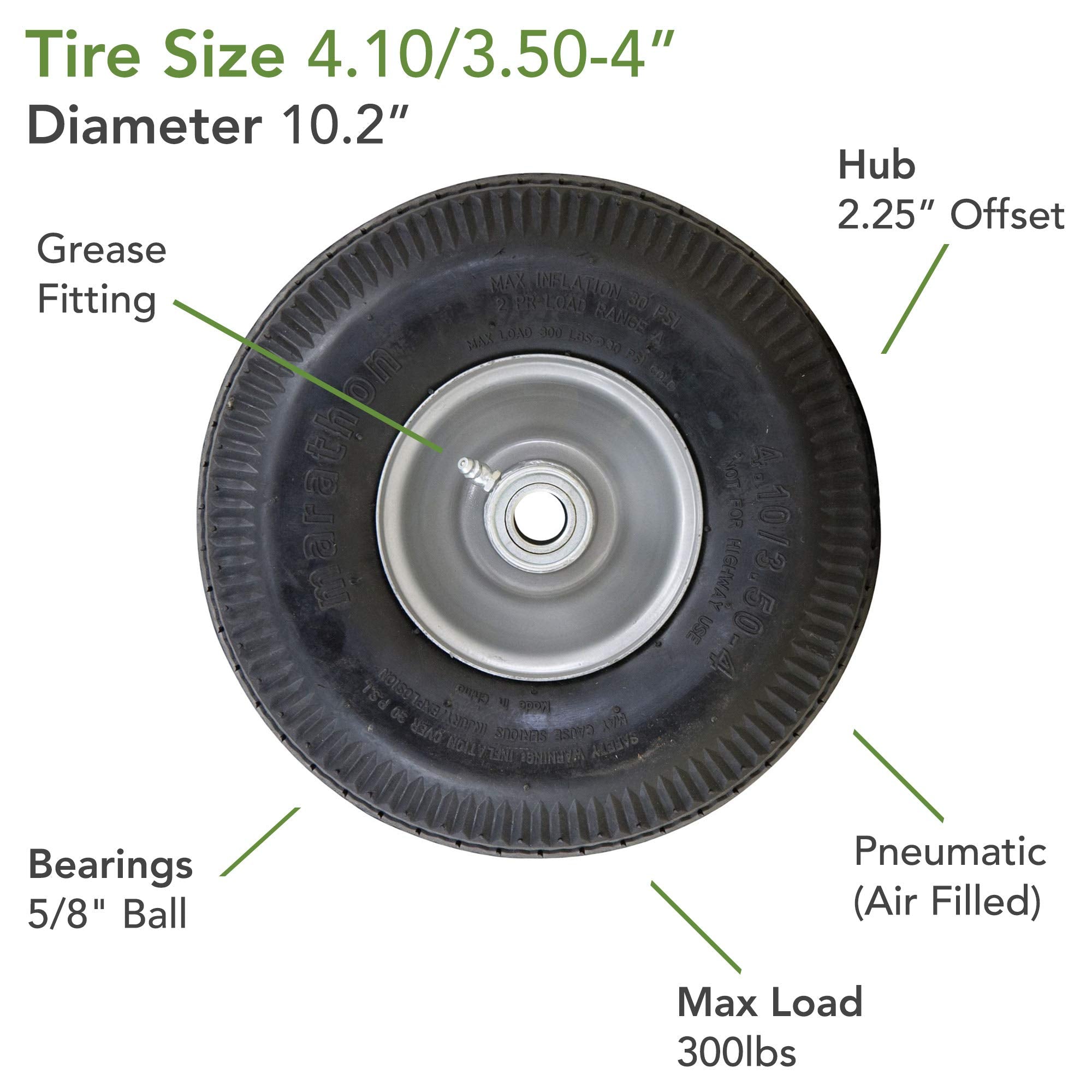Marathon 4.10/3.50-4&quot; Pneumatic (Air Filled) Hand Truck / All Purpose Utility Tire on Wheel, 2.25&quot; Offset Hub, 5/8&quot; Bearings