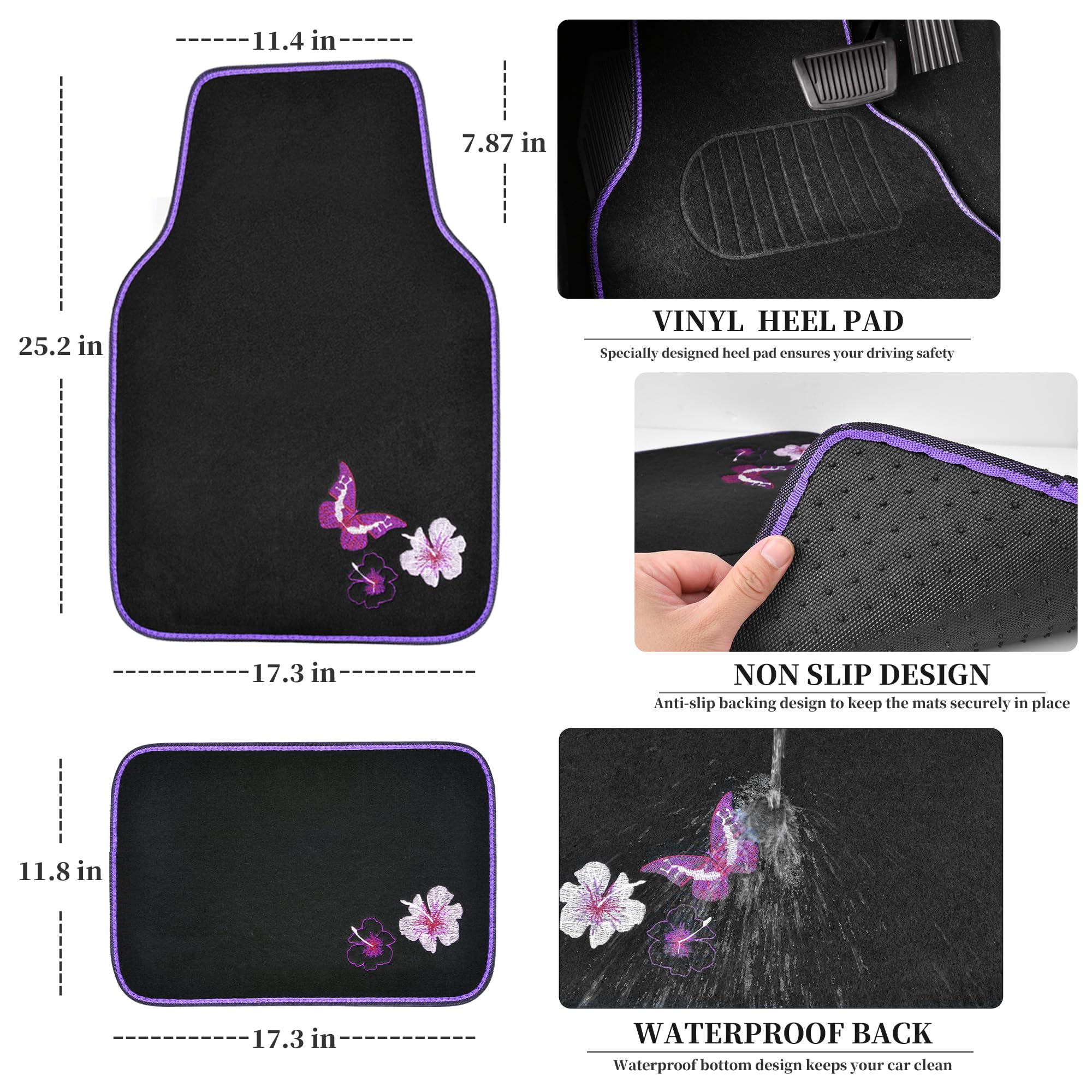 Car Pass Universal Butterfly Car Seat Covers Front Set, Embroidered Flower Waterproof Car Floor Mats Carpet, Butterflies Steerin
