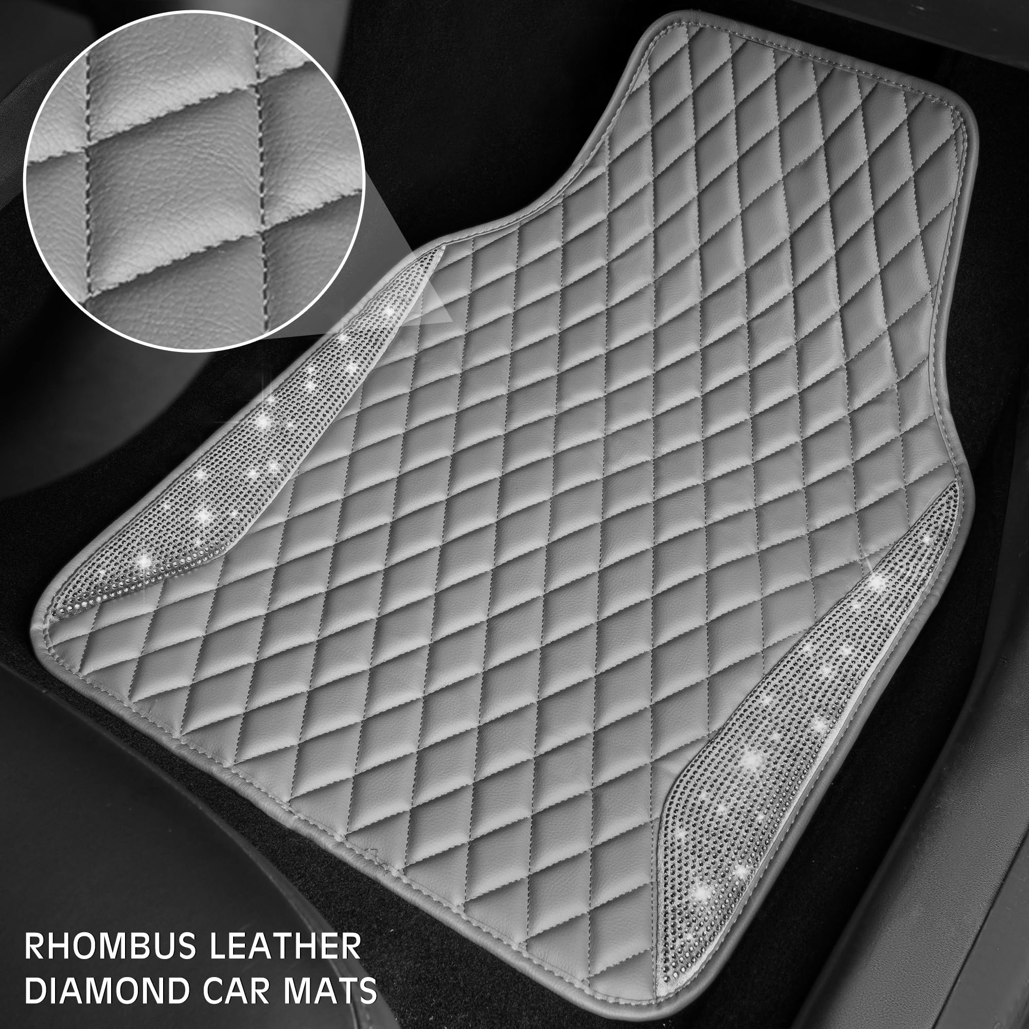 Car Pass Bling Diamond Car Mats Gray Leather Floor Mats Sparkly Glitter Crystal Shining Rhinestone Carpet Anti-Slip Waterproof P