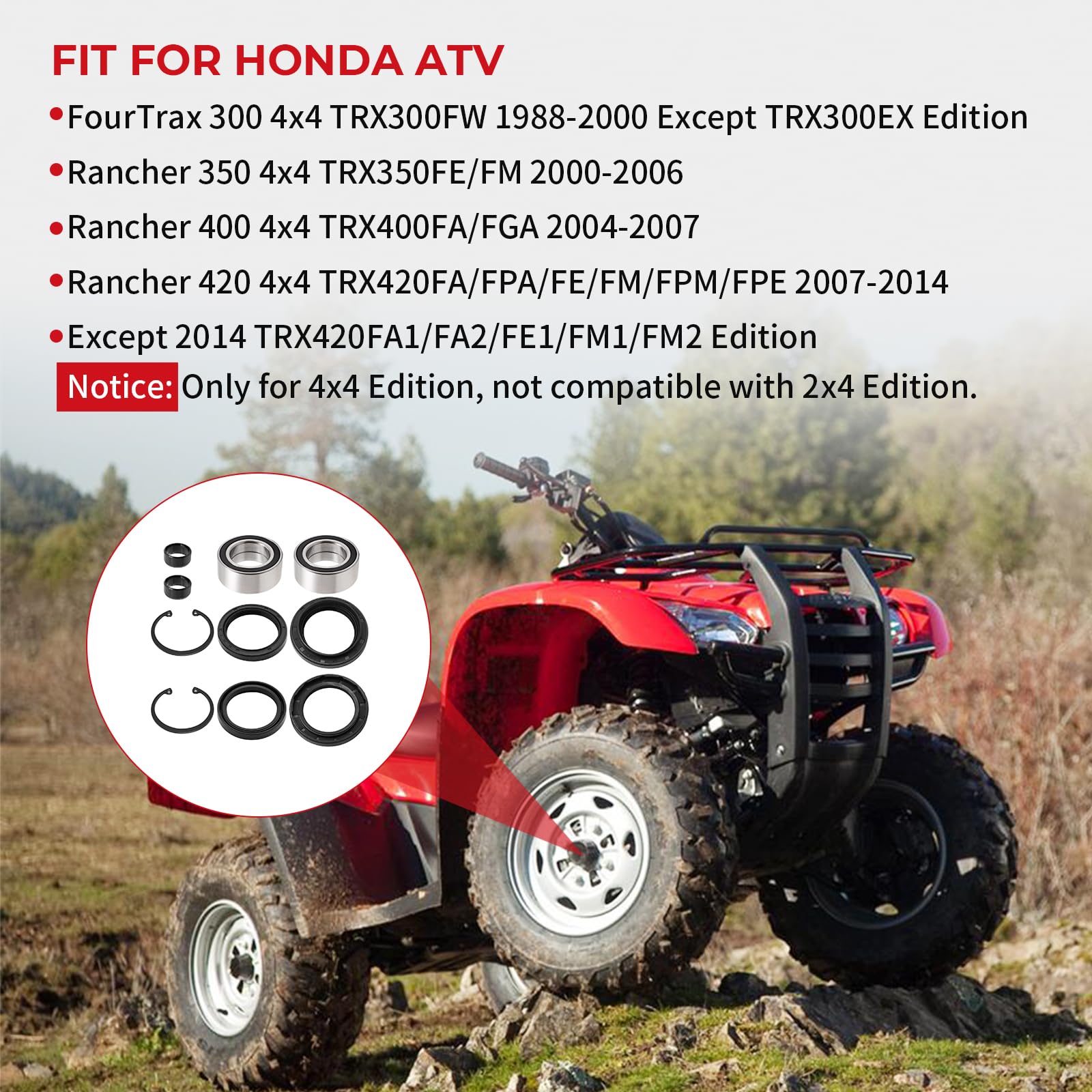 Front Wheel Bearings Seals For Honda Fourtrax 300 Rancher 350 400 420 Only For 4X4, Oem# 91051-Hc5-003 91209-Hn2-003 91256-Hc5-003