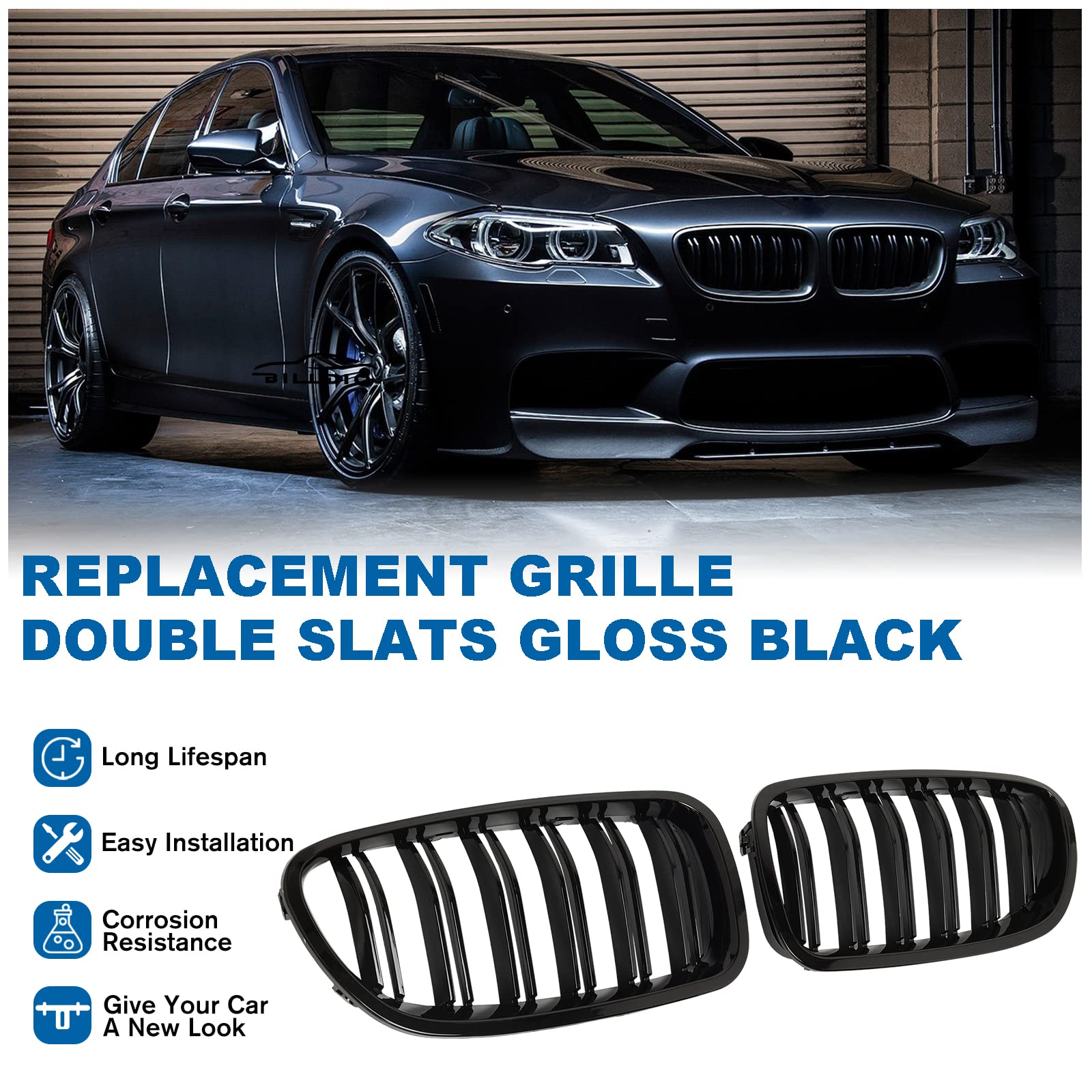 Billdio F10 Grille - Front Kidney Grille Double Slats Glossy Black Compatible With 2010-2017 Bmw 5 Series F10 F11 F18 Sedan 520I