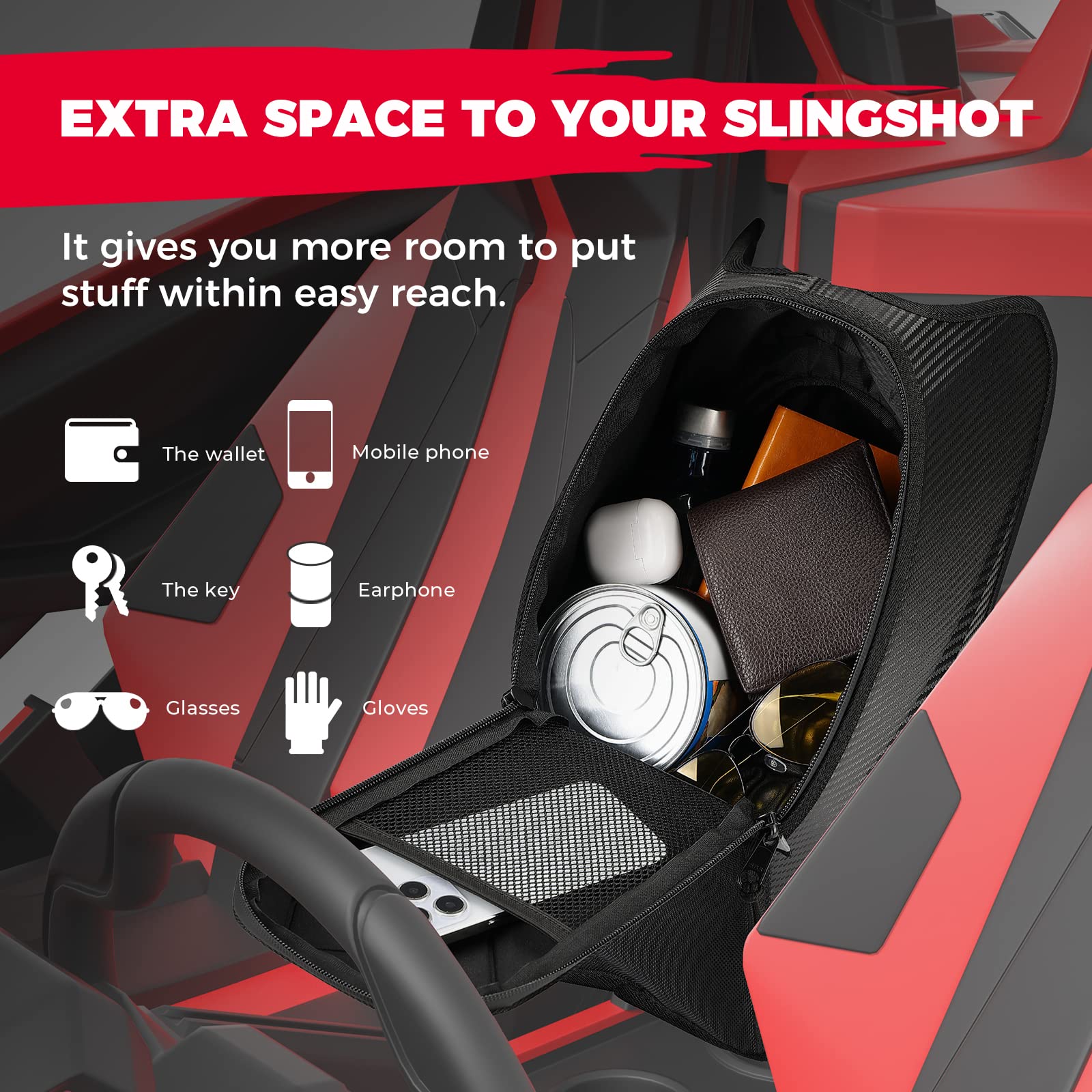 Kemimoto Center Console Bag Compatible With Polaris Slingshot Sl S Le Slr Gt 2024 2023 2022 2021 2020, Upgraded Storage Bags Center Shoulder Console Box Between Seat Storage For Slingshot Accessories