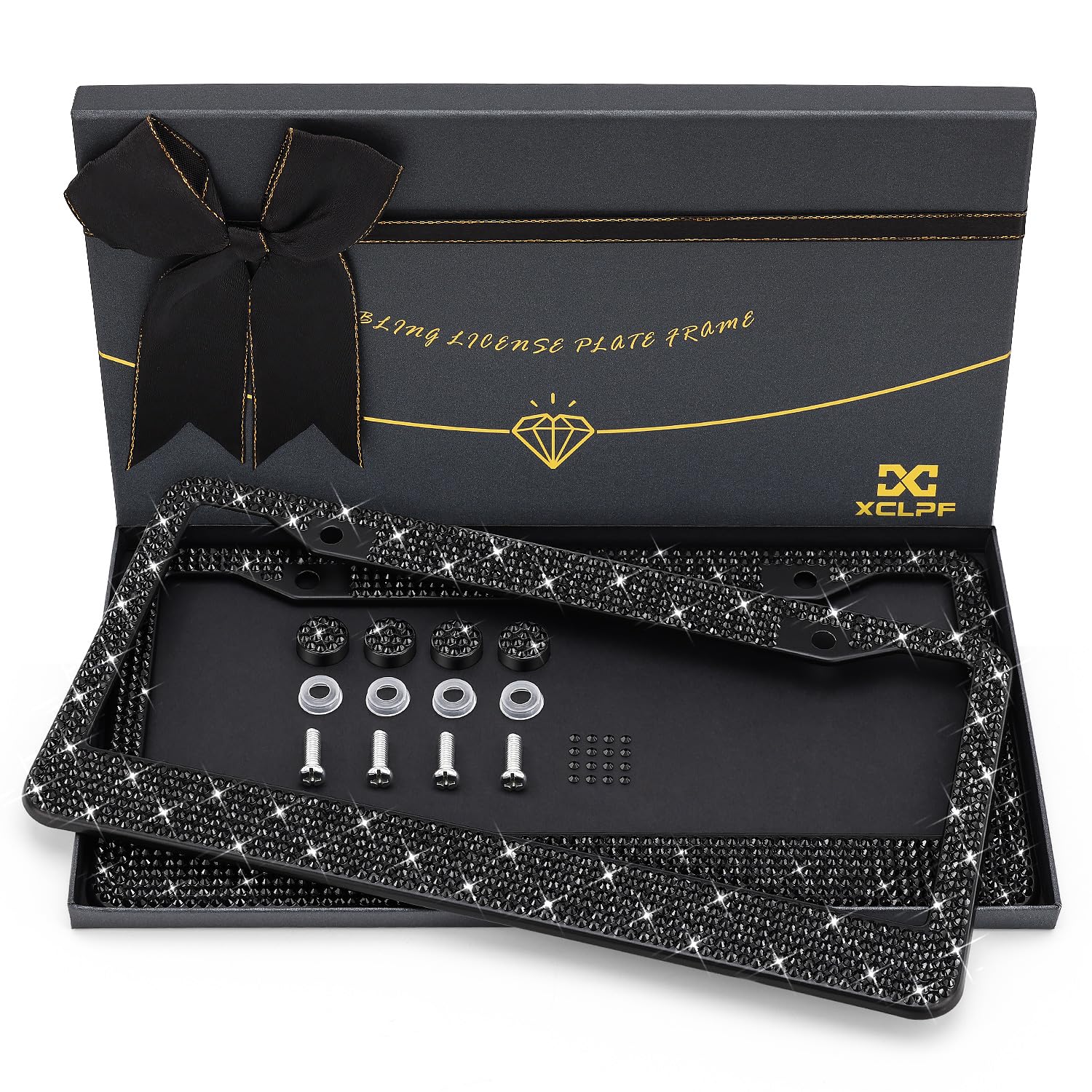 Sparkly Rhinestone License Plate Frame For Women - Stainless Steel With 1200 Black Glass Crystals