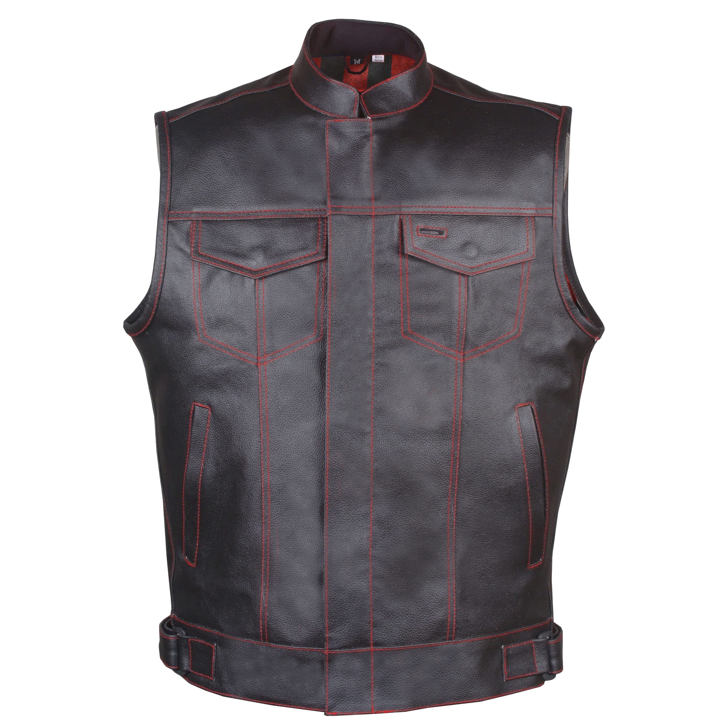 Soa Men 'S Premium Leather Motorcycle Vest With Biker Club Concealed Carry Gun Pockets W/Armor Flannel Red 3Xl