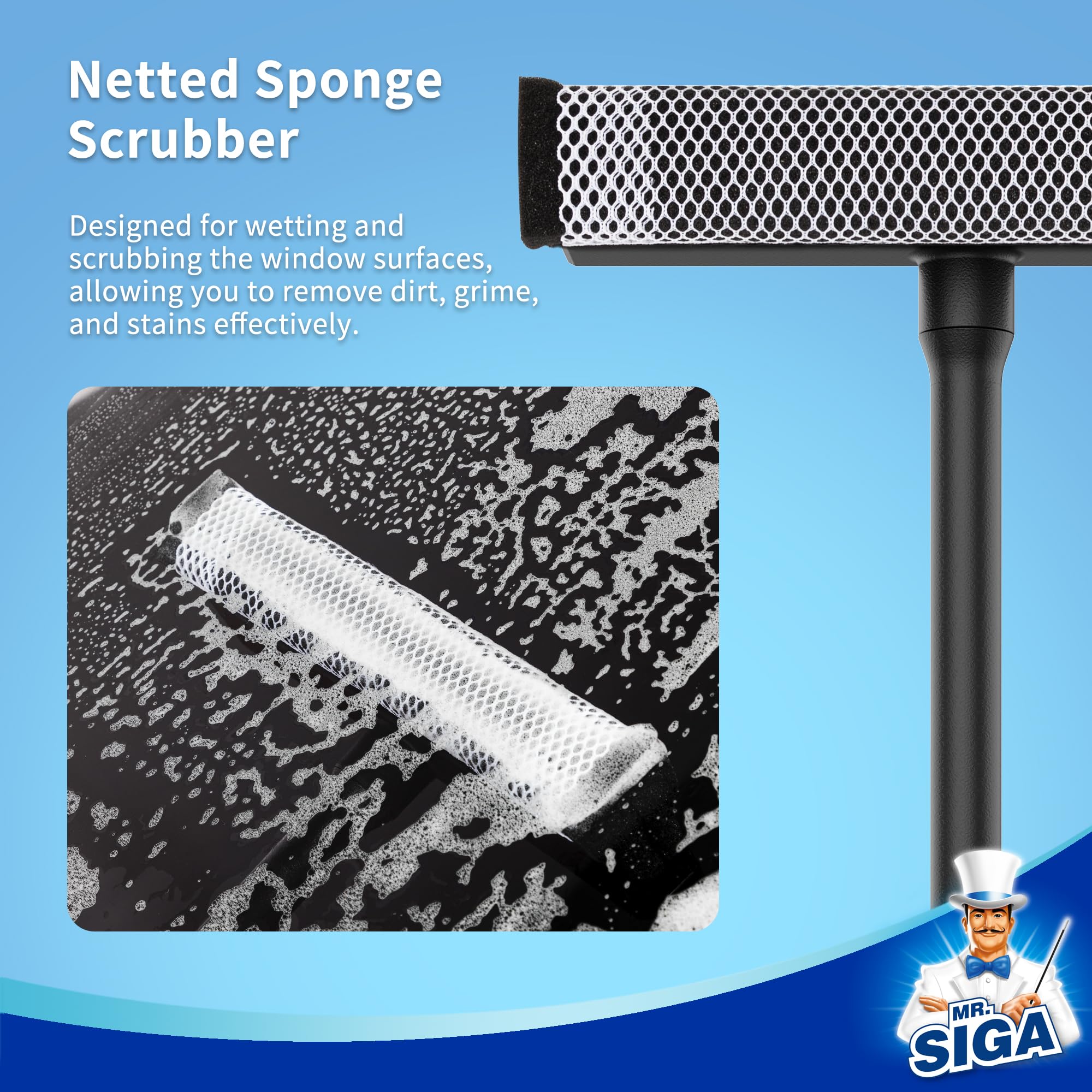 Mr.Siga Professional 2-In-1 Car Window Squeegee And Sponge Scrubber For Cleaning And Washing, Rubber Blade Cleaner With Handle,