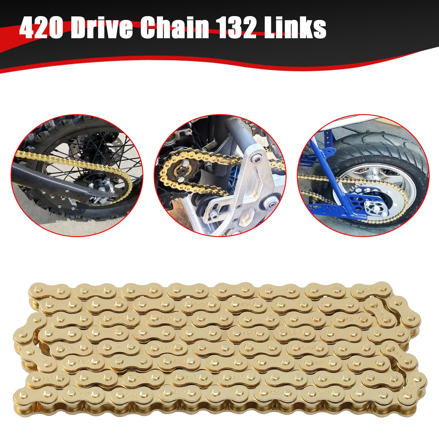 KAMIER 420 Motorcycle Chain 132 Links Gold with Chain Breaker for KX85 KX100 TTR110 SSR TaoTao Coolster Apollo Baja 50 70 90 110